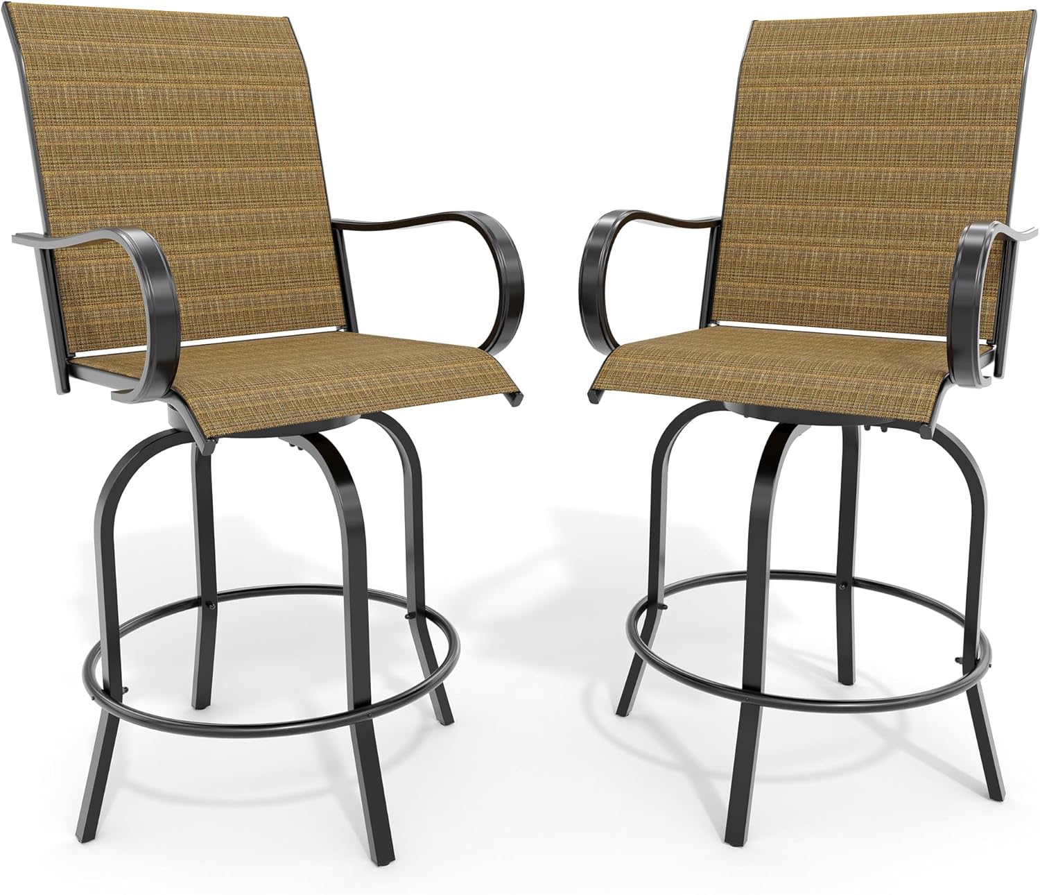 Outdoor Swivel Bar Stools Set of 2, Patio Swivel Bar Stools Chair, All Weather High Back and Armrest Patio Chairs for Deck Lawn Garden Backyard