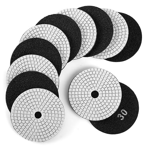 4 Inch Diamond Polishing Pads with 5/8’’-11 Backer Pad, 12PCS Wet/Dry Granite Stone Polish Pad Kit for Drill, Grinder, Polisher, 50-6000 Grit Polishing Pad for Concrete Marble Rock Countertop Quartz(4.0 Inch 30Grit)