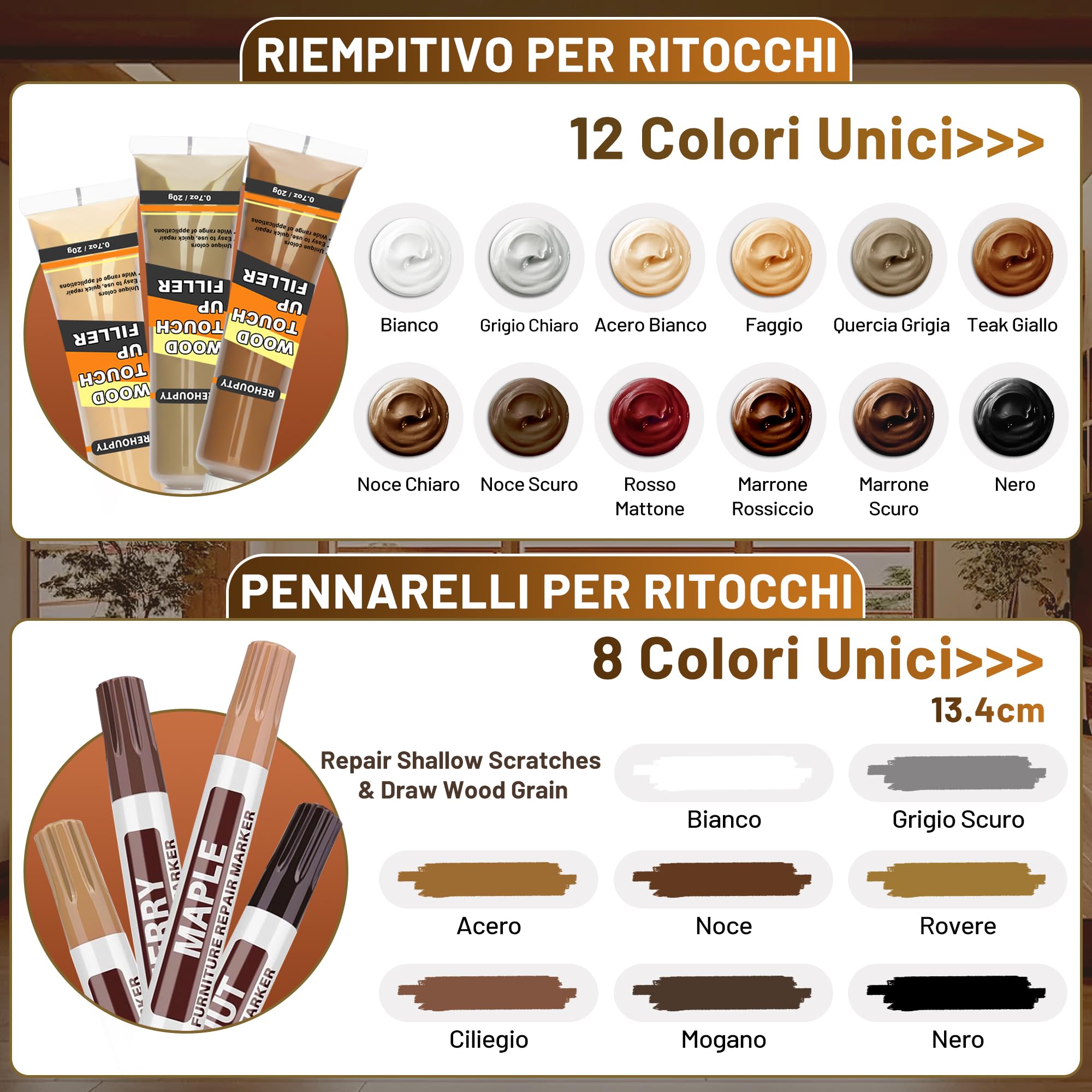 Kit Riparazione Legno, Kit Riparazione Laminato Include Stucco per Legno e Cera d'api & 12 Colori Pasta Riparazione del Legno, 8 Colori Pennarello Riparazione del Legno per Riparare i Graffi Crepe