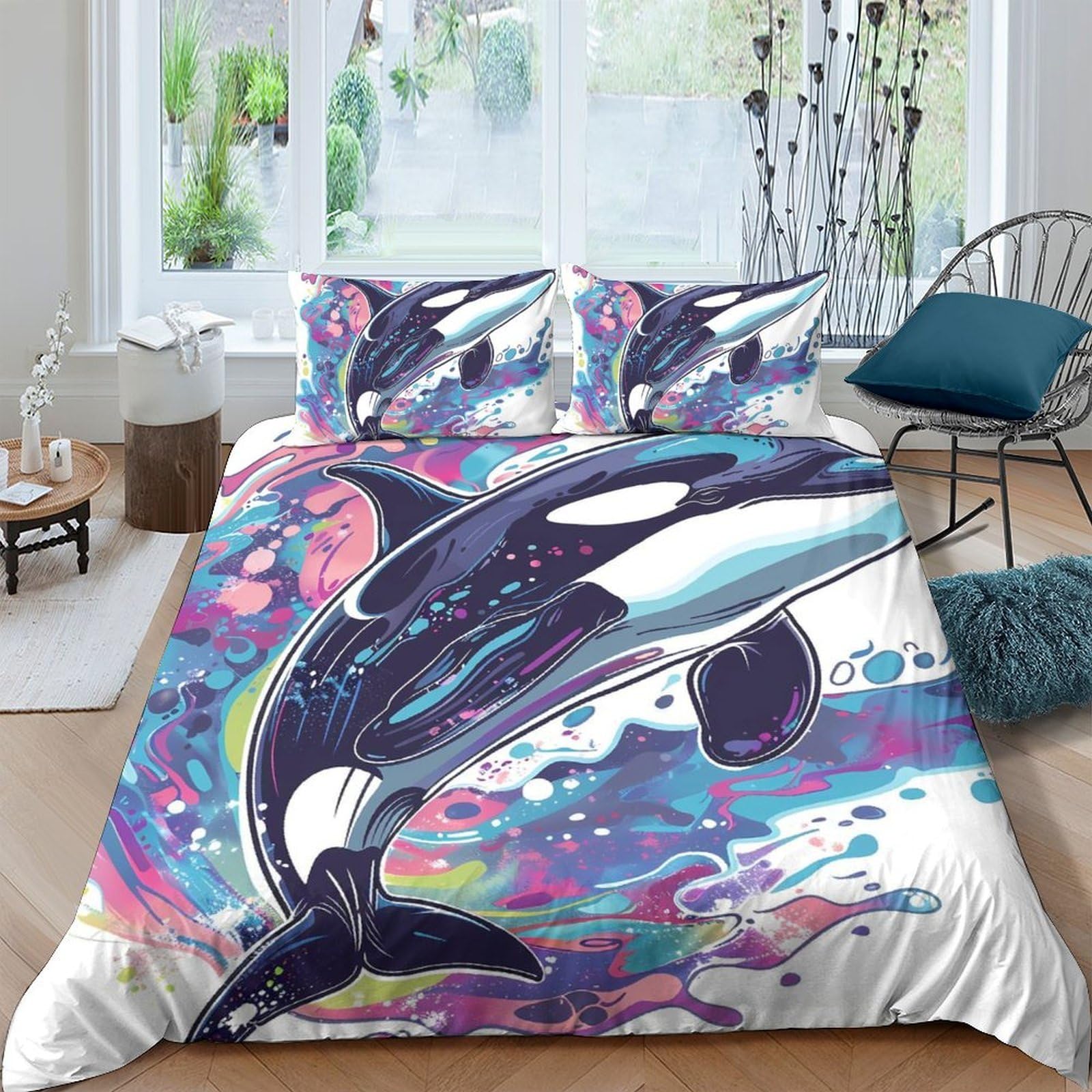 Ctjqhvkz Style-10 3D Printed Ocean Orca Fitted Sheet Microfiber Vibrant Whale Mattress Cover For Bedroom Guest Room Decor Protection Single（135X200cm）