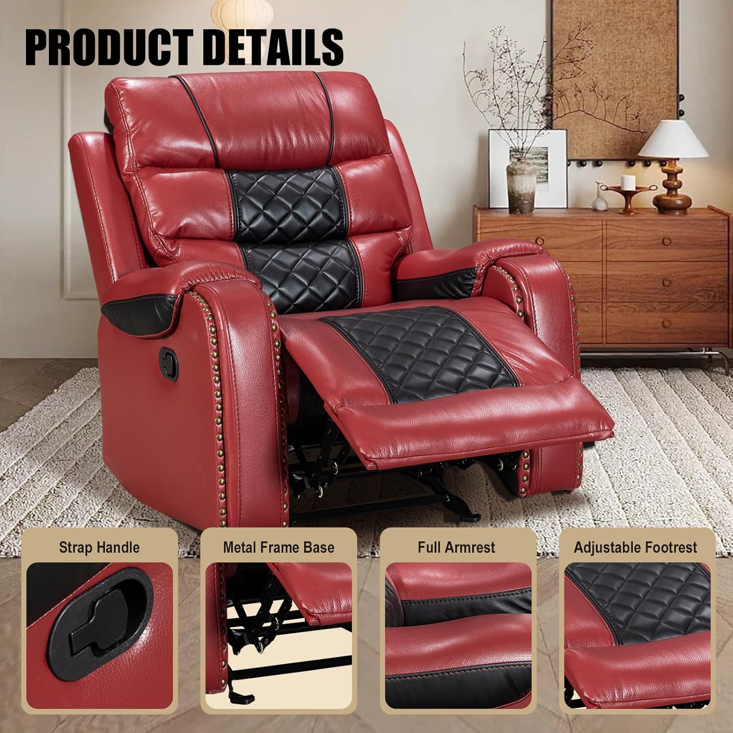 Manual Rocking Recliner Chair, 36" Wide Black PU Leather with Diamond Stitching, 350 lbs Capacity, 90-165° Recline (Red and Black)