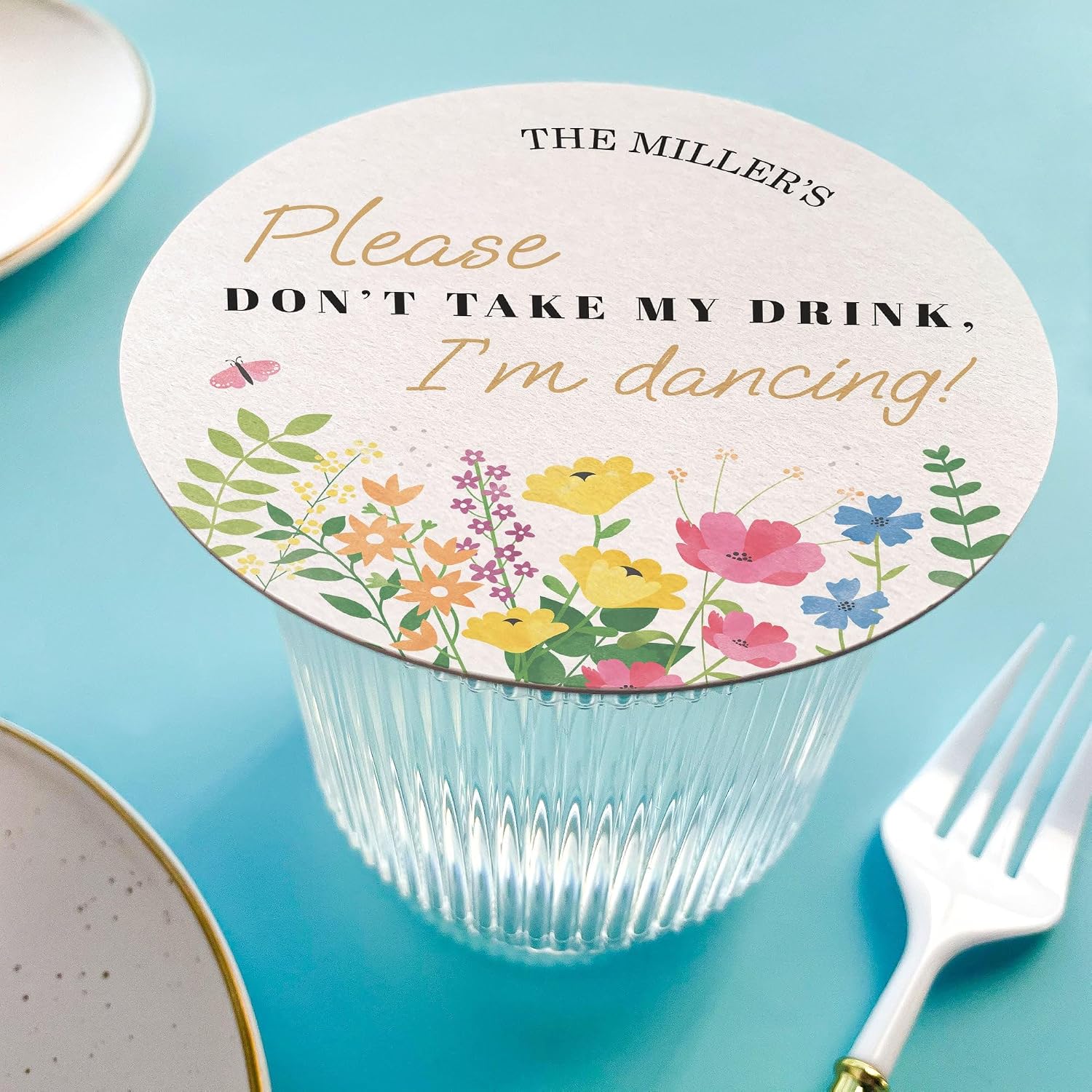 Big Dot of Happiness Personalized Wildflowers Drink Coasters, 4-Inch Disposable Round Paper Coasters for Boho Floral Wedding Party, Custom Funny Cocktail Table Decor for Bar Drinks - Set of 25
