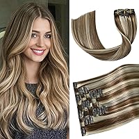 Vista 12 de Aison Extensiones de cabello con clip balayage de cabello humano real, extensiones de cabello ombre 100% de cabello humano para mujer, 12 pulgadas