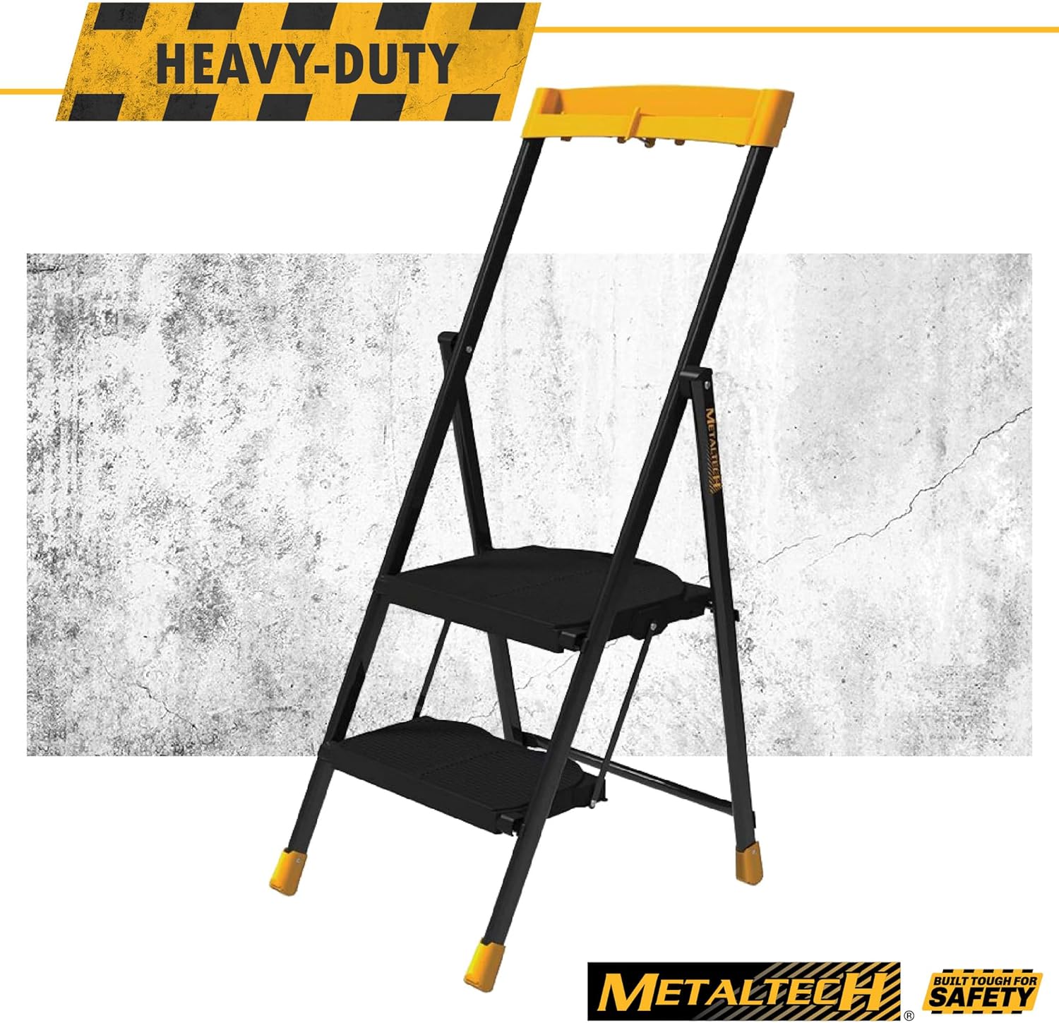 Metaltech E-SLC2YW 2-Step Pro Steel Step Stool Type I with Utility Tray, Compact Folding Step Stool for Home Improvement, 250-lb Capacity Collapsible Stool with Safety Rail and Utility Tray