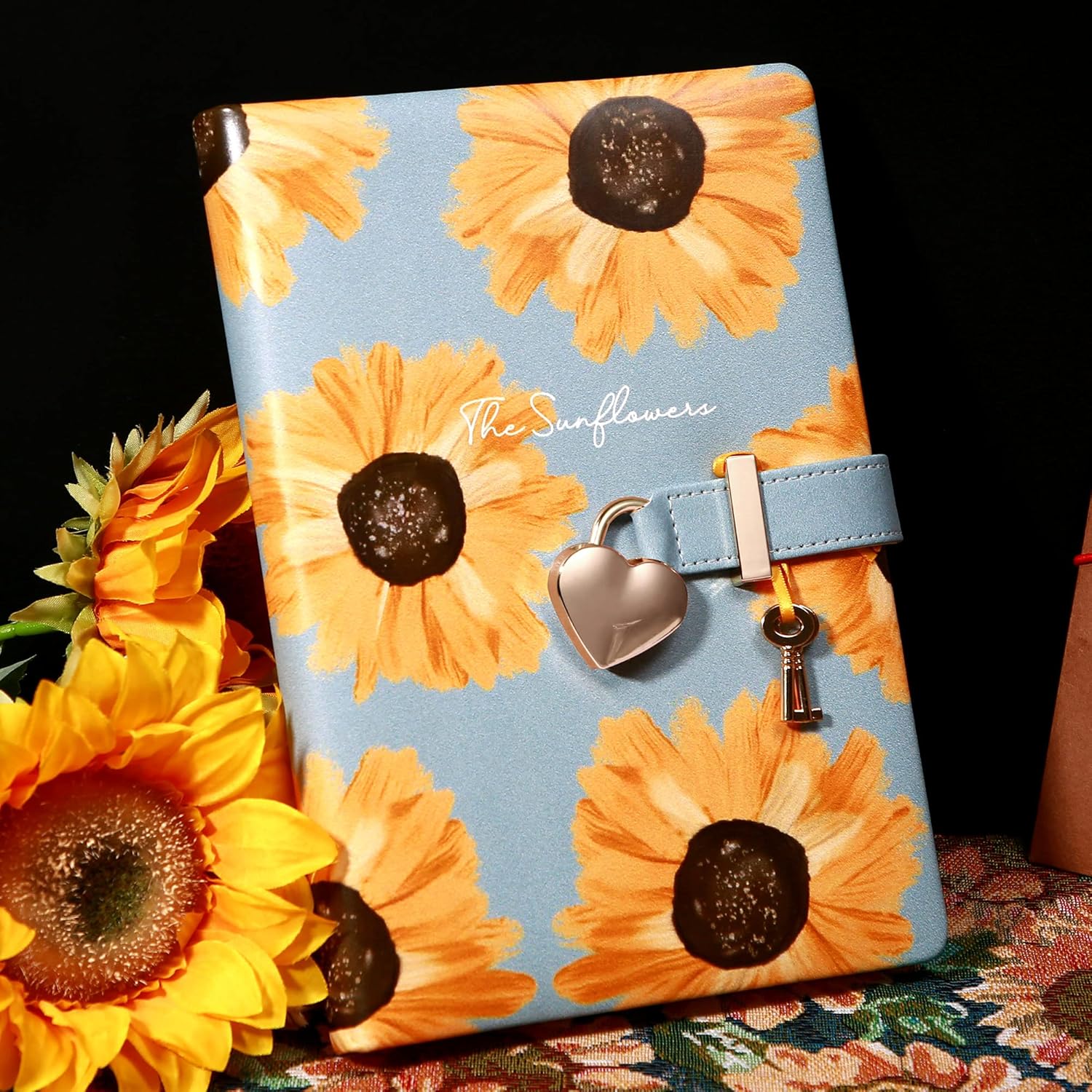CAGIE Diary with Lock and Key PU Leather Kids Journal with Lock Personal Organizer Combination Travel Secret Notebook for Women, 5.7x8.4 in, Sunflower