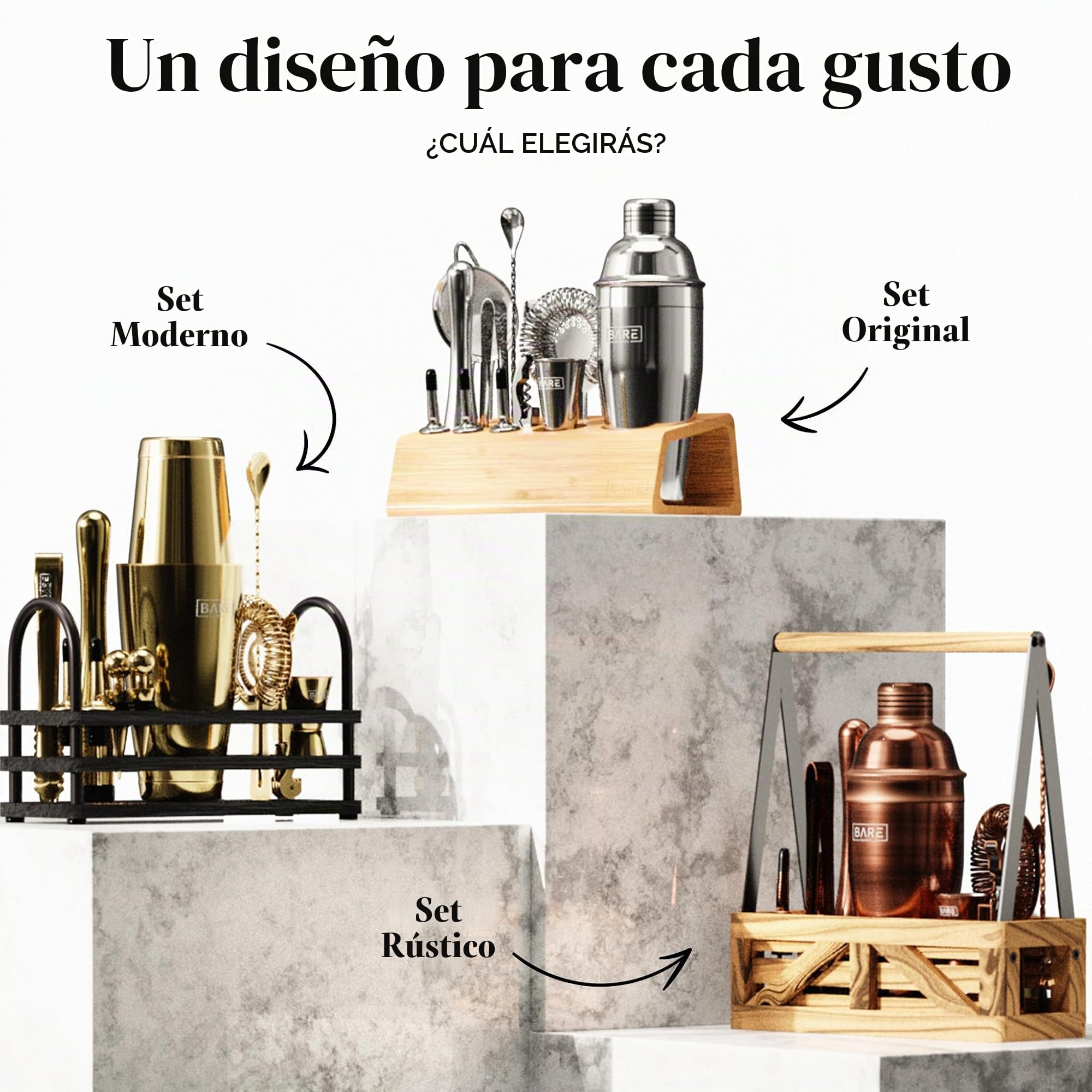 BARE BARREL® Kit de preparación de cócteles | Kit de coctelera de 16 piezas | Soporte de exhibición de bambú y 35 tarjetas de recetas | Juego de regalo de cóctel Mixology (coctelera Boston de 800 ml,