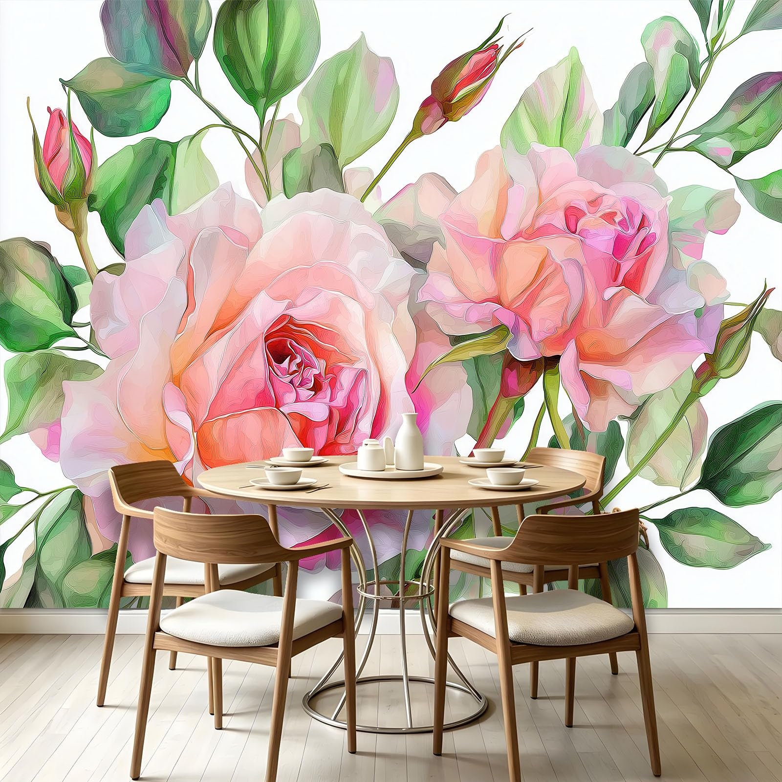 WallArena Papel pintado fotográfico de fieltro, estilo botánico francés de acuarela 250 x 175 cm, papel pintado fotográfico para dormitorio principal, habitación de niñas, salón de belleza, papel