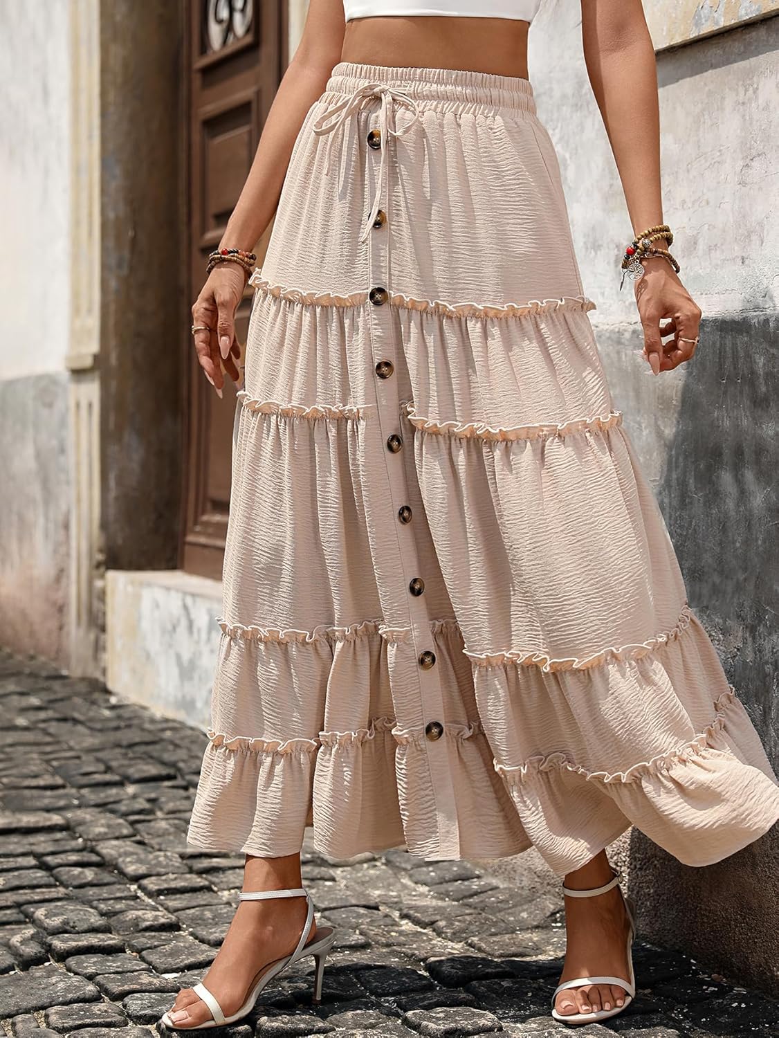 Women’s Boho Maxi Skirt High Waist Tiered Ruffle Long Skirts with Buttons and Drawstring Summer Casual Vacation Outfit - Image 4