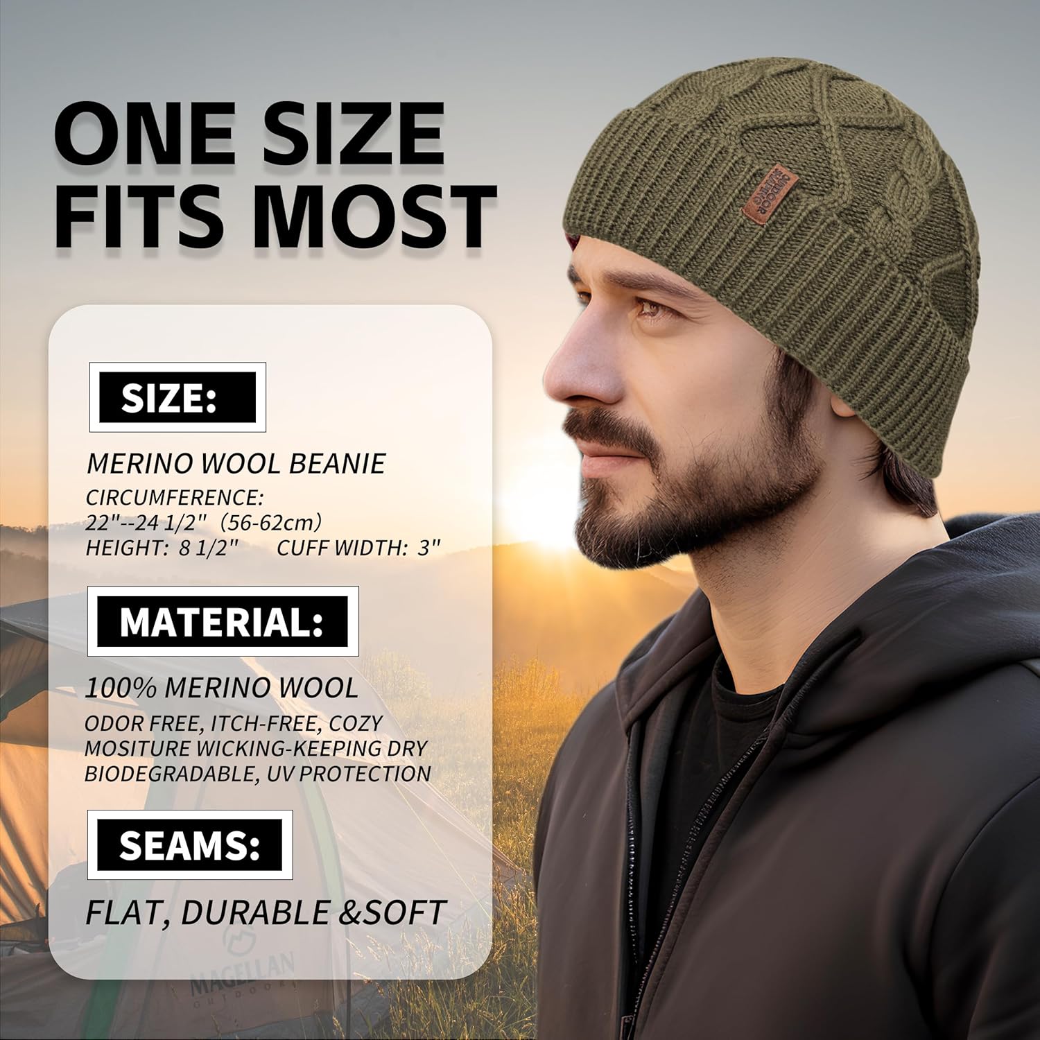 OUTDOOR SHAPING Merino Wool Beanie, Unisex Cable Knit Hat, Daily Rib Cuff Beanie, Warm Winter Cap - Image 2