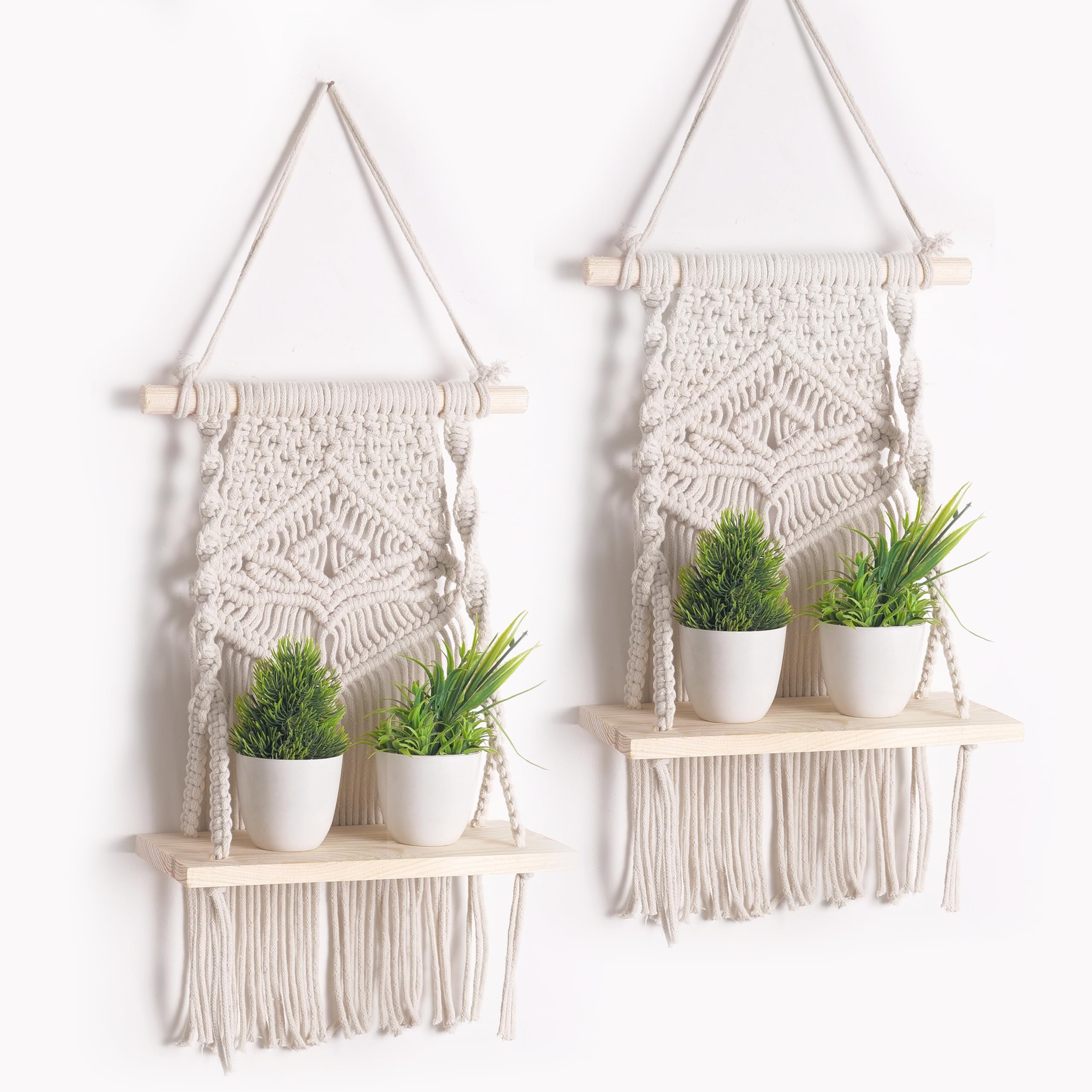 Decazone Macrame Indoor Wall Hanging Shelf Chic Decor Wood Floating Boho Shelves with Wooden Dowel Hand Woven Bohemian Decor for Apartment Dorm Bedroom Living Room Nursery Beige 40 x 25cm (Set of 2) (B0DCW5267Q) Amazon Price History, Amazon Price Tracker