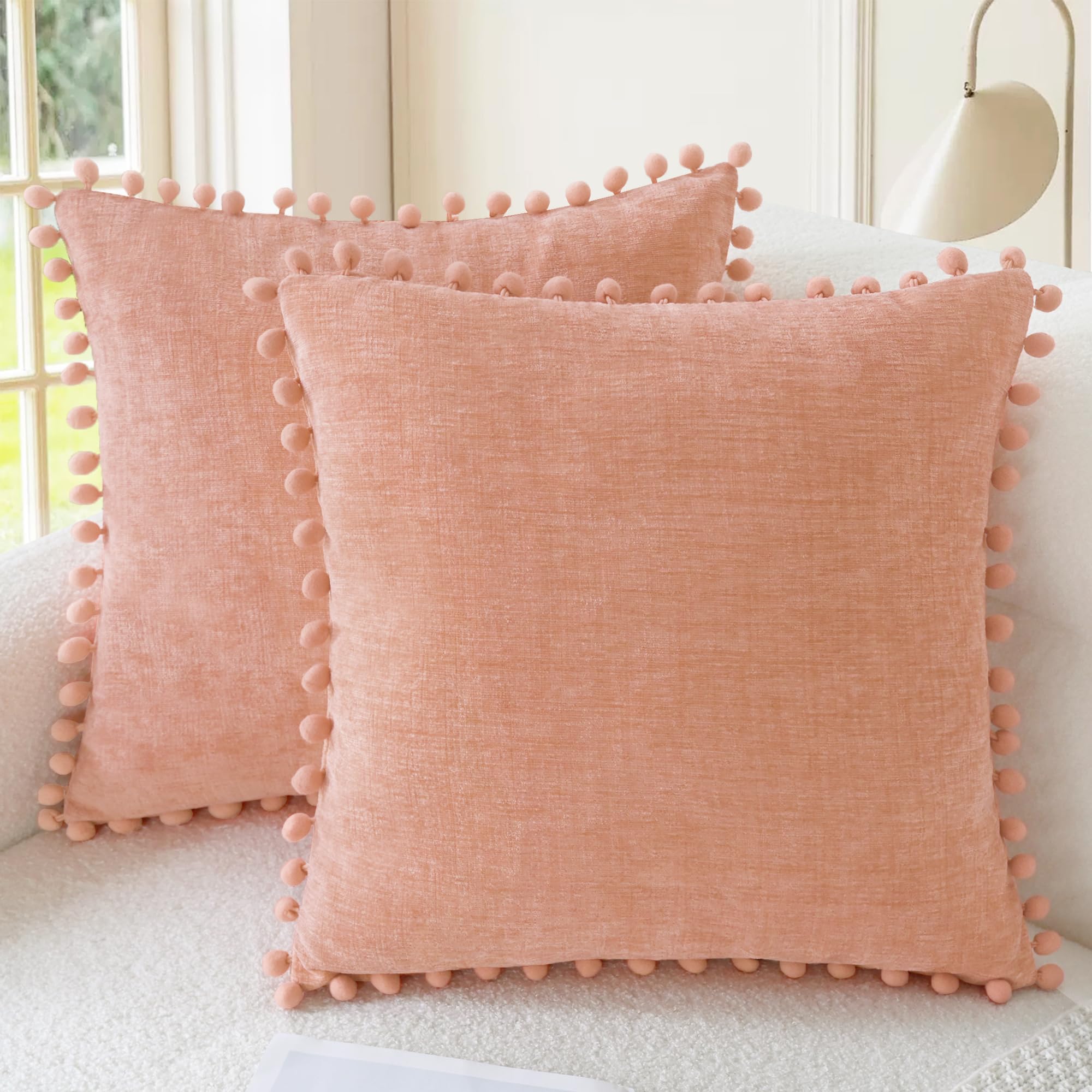 CaliTime Pillow Cases Pack of 2 Cozy Solid Dyed Soft Chenille Cushion Covers with Pom Poms for Couch Sofa Home Decoration 50cm X 50cm Dusty Pink โ image 1