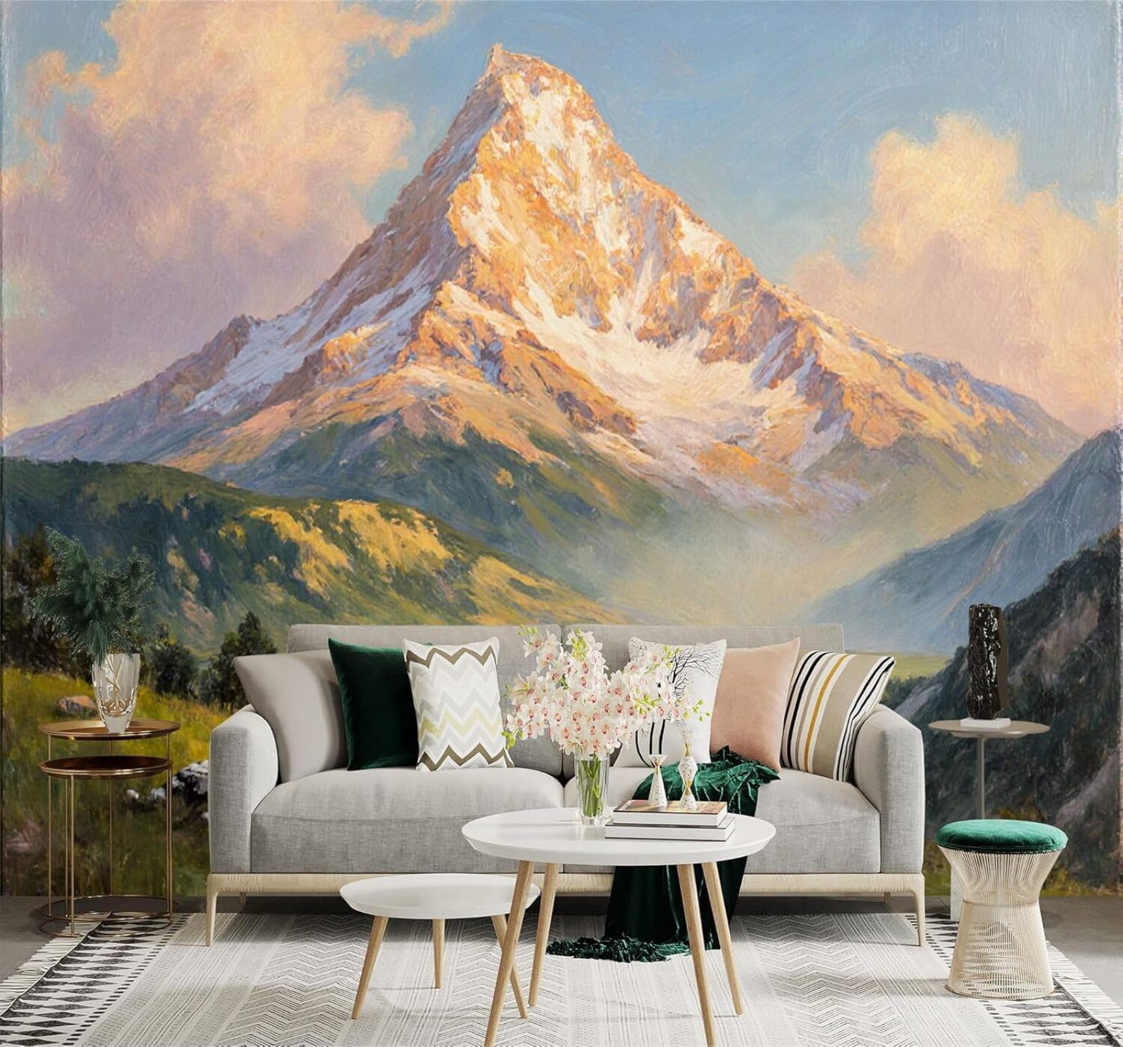 Xlming 430Cm×300Cm(B×H) Sunset Mountain Scenery Snow Capped Peaks Green Valley Natural Landscape 3D Wallpaper Premium Textured Silk Study Dining Living Room Bedroom Sofa Tv Wall Easy Install-430Cm×300Cm