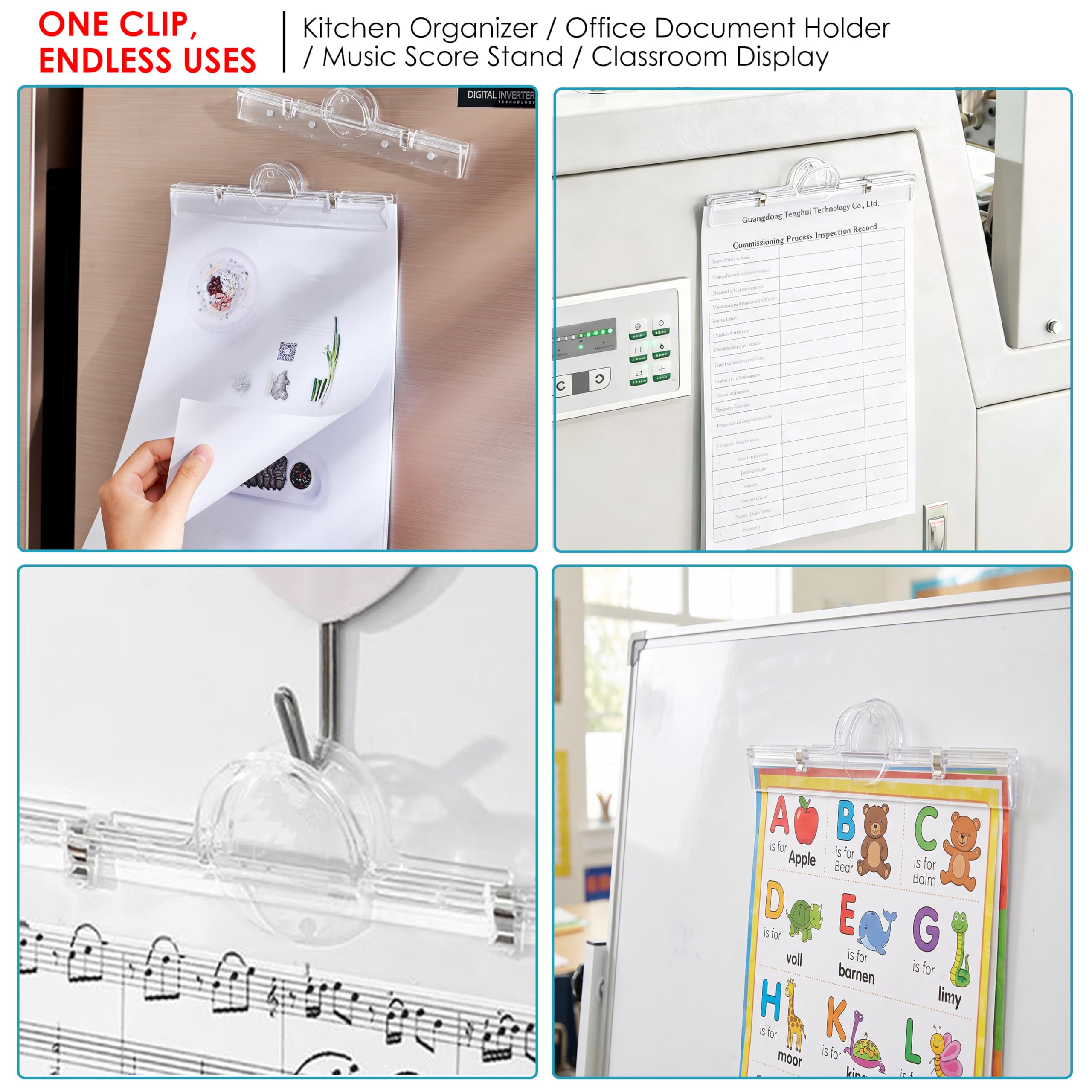 4 Stück 20 cm große magnetische Clips, robuste, transparente Binder-Clips mit starkem Magnet für Kühlschrank, Whiteboard, Büro, Küche, Schule, Heimorganisation und Memo-Halten