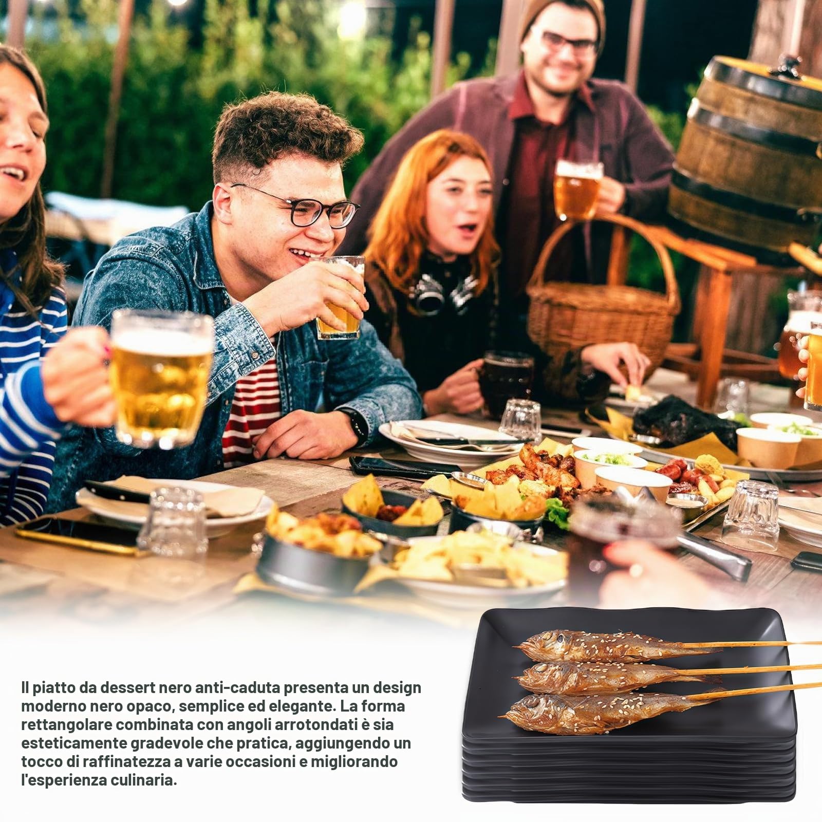 Piatti da portata rettangolari: 6 piatti rettangolari neri opachi per snack, 20 x 12 cm, posate per barbecue, piatti da dessert a prova di caduta per carne, sushi, snack
