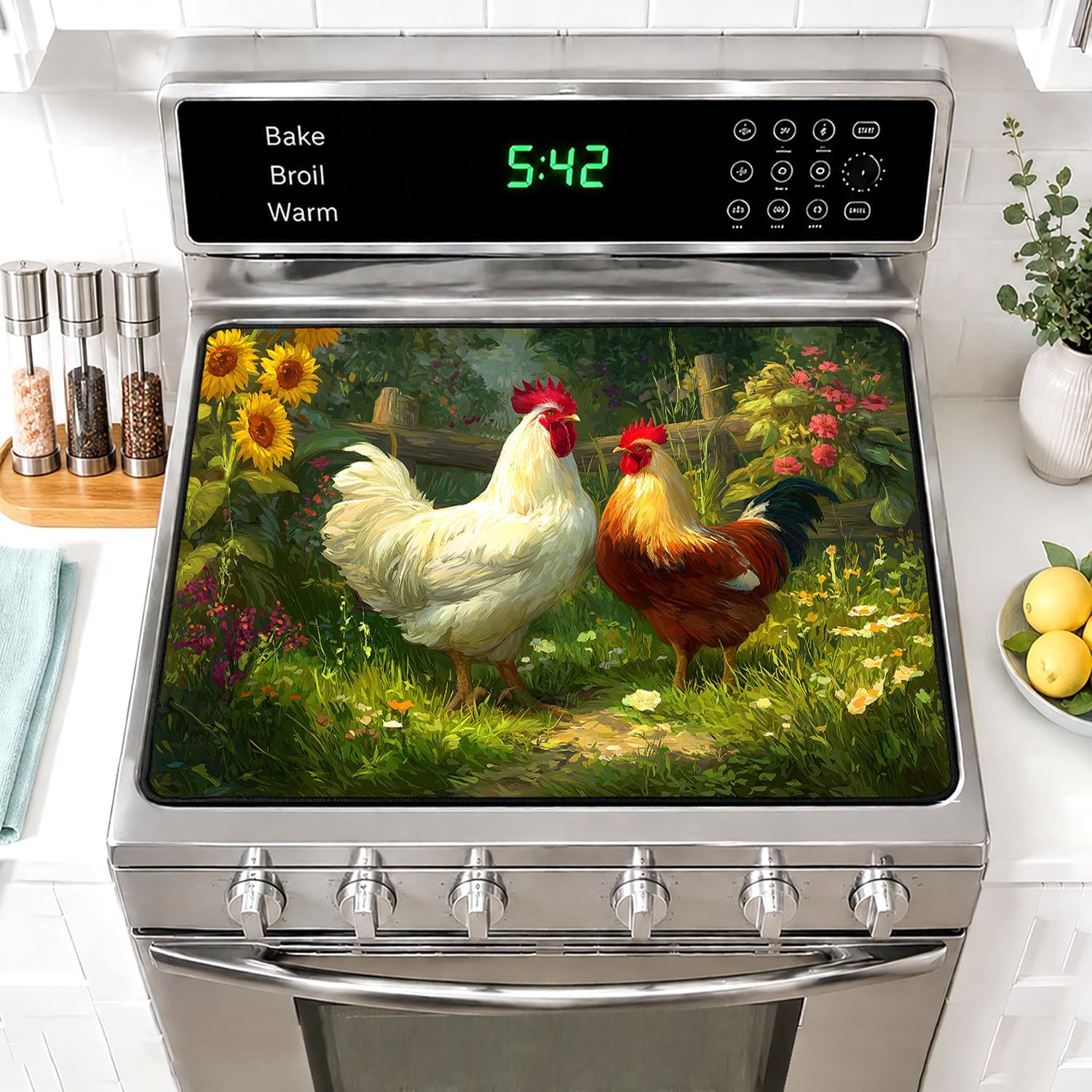 Sunflower Garden Hen Rooster Stove Top Cover 28.3x20.5in Heat Resistant Glass Stove Protector Mat, Non Slip Electric Stove Cover Farmhouse Kitchen Counter Decor