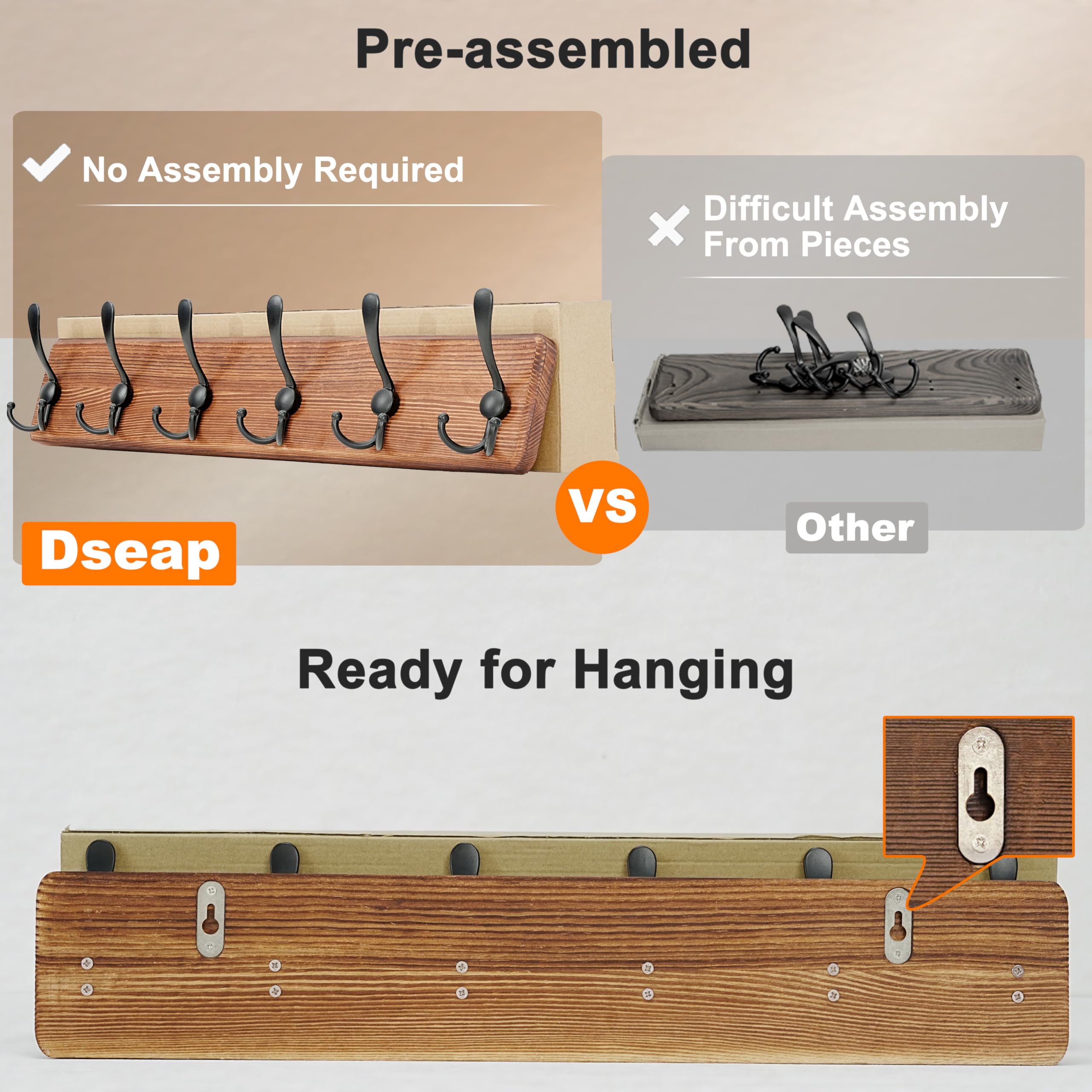 Dseap Coat Rack Wall Mount, 61cm Long, Patented, Heavy-Duty, 6-tri-Hooks - Image 4