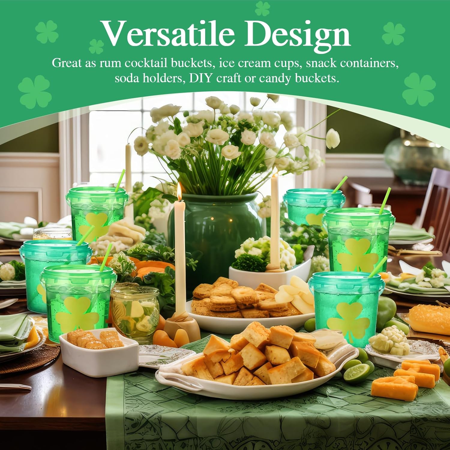 Funnymoom 24 Pack 32oz St Patrick's Day Buckets with Lids and Straws Plastic Shamrock Cocktail Rum Buckets for Drink and Ice Cream Reusable Punch Bowls Cups for Party (Style 3, Green, Light Green)