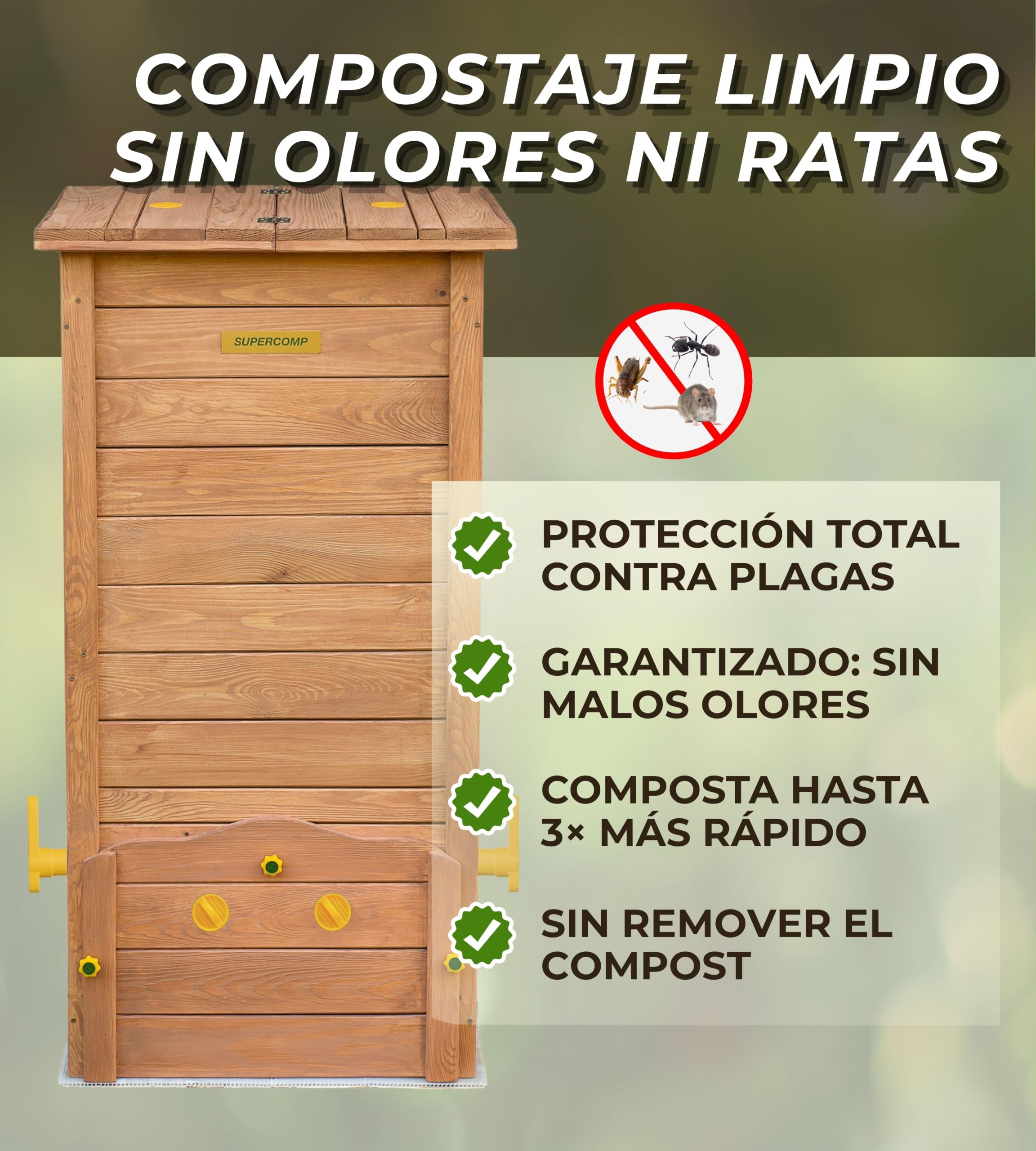 SUPERCOMP Compostador de Madera 340 L para Jardín con Protección Antiplagas y Antirroedores, Compostaje sin Olores ni Volteo, Aireación Vertical, Tapa y Base Incluidas | Compostador rápido de madera con tapa y base, protección contra plagas, juntas y reji