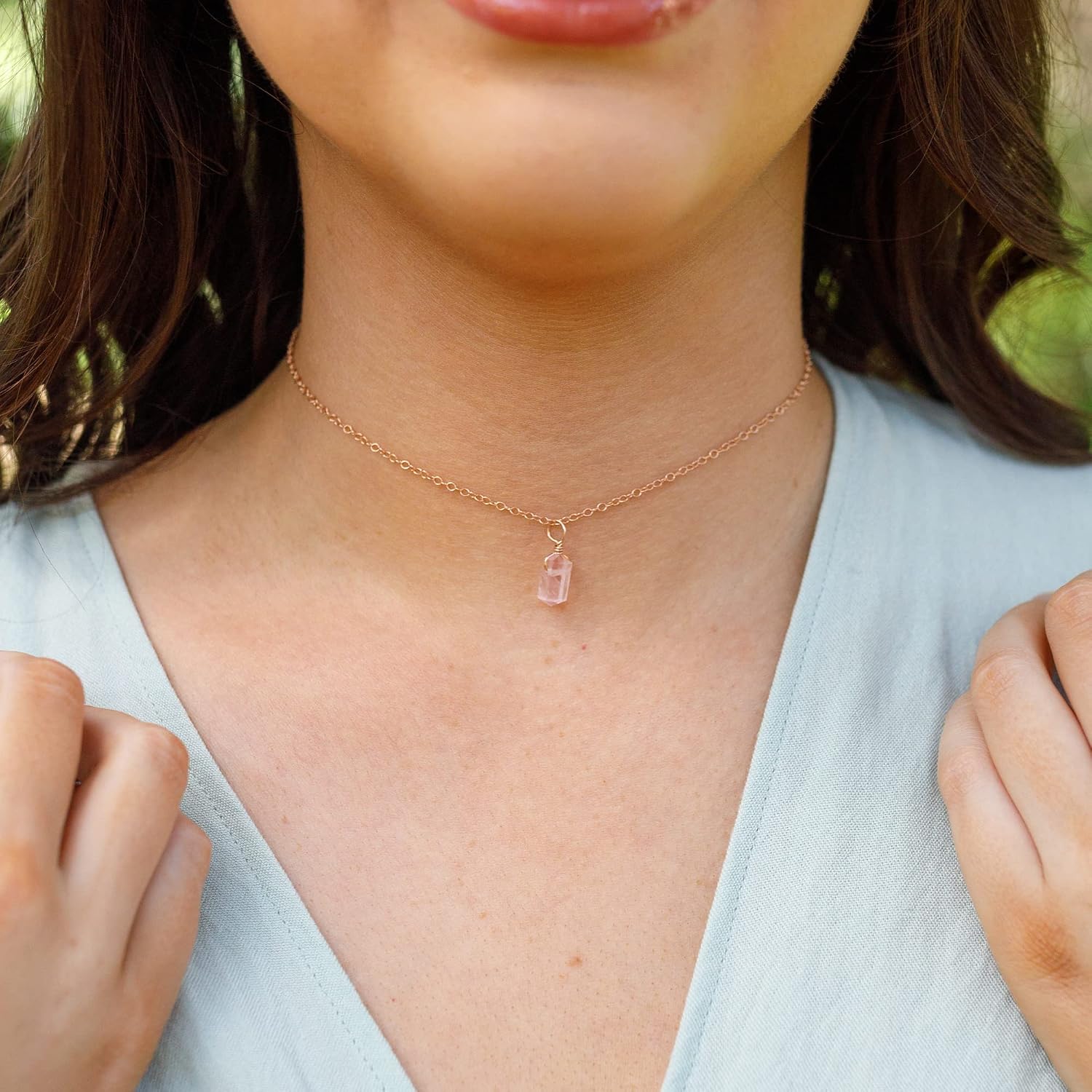 Luna Tide Rose Quartz Double Terminated Crystal Pendant Choker in 14k Rose Gold Fill