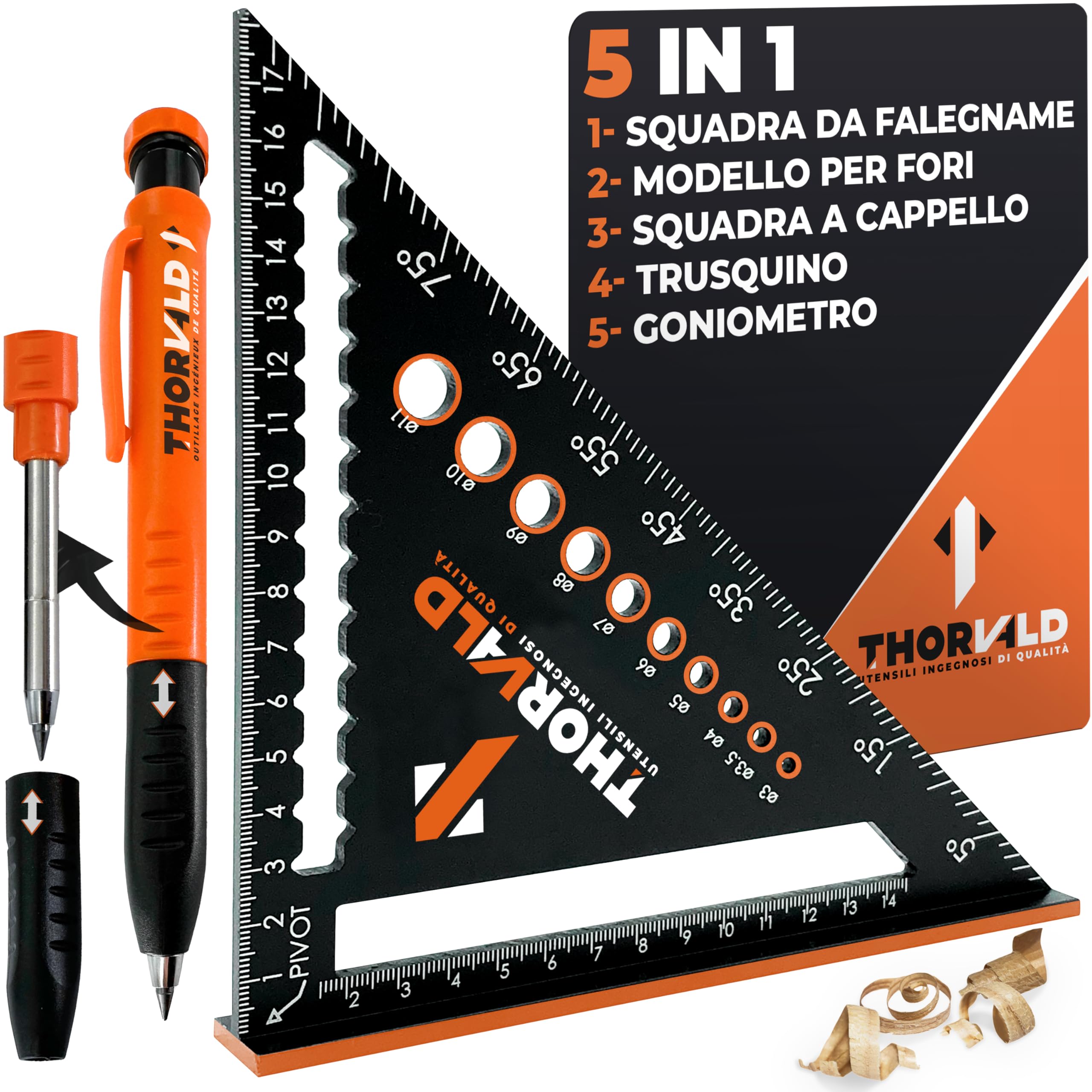 THORVALD Squadra da Falegname Multifunzione 180 mm Goniometro Angoli 45-90° Righello Trusquino