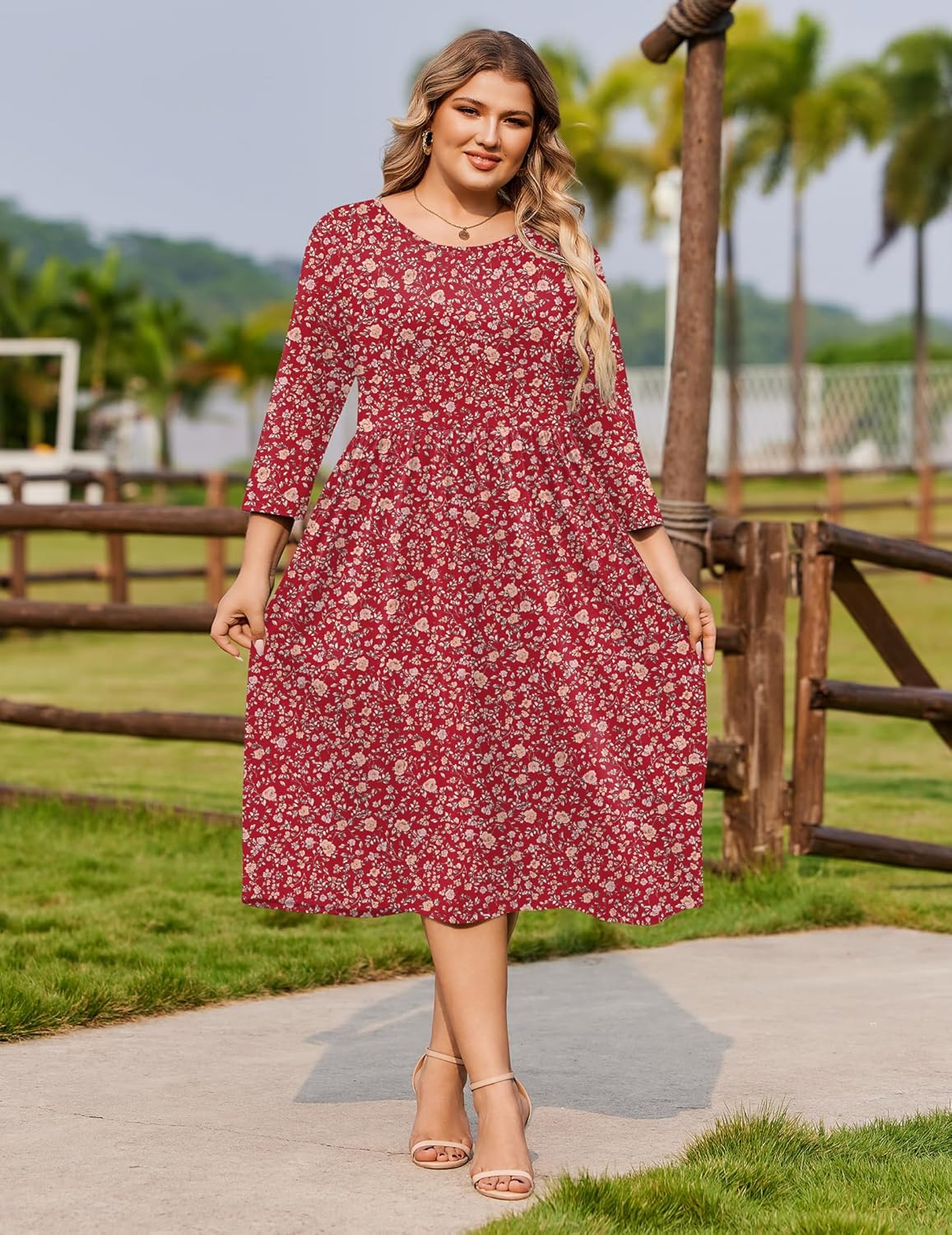 IN'VOLAND Women Plus Size 3/4 Sleeve Dresses Summer Casual Loose Flowy A-line Midi Dress with Pockets Vacation Boho Sundress - Image 2