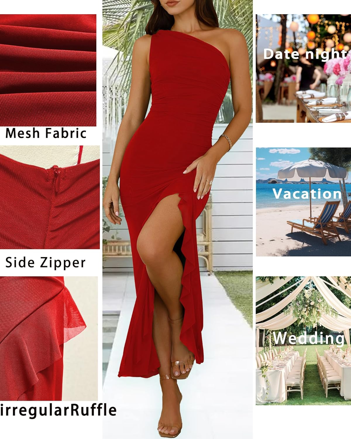 Women's Summer Dresses Bodycon Sexy One Shoulder Side Slit Ruffles Elegant Prom Cocktail Wedding Guest Mesh Maxi Dress - Image 4