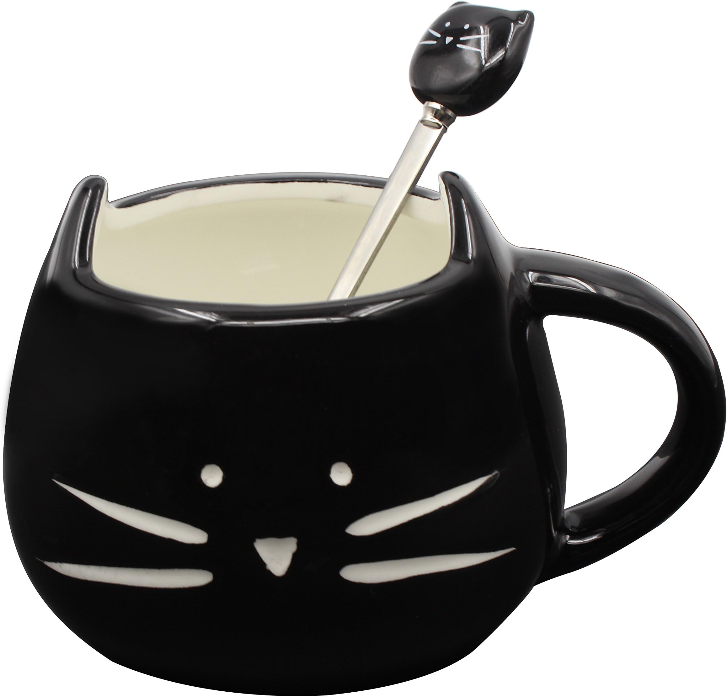 MOONPOP 300ml Cat Coffee Cup Spoon Set Cute Animal Ceramic Mug Tea Milk Water Cup Black set