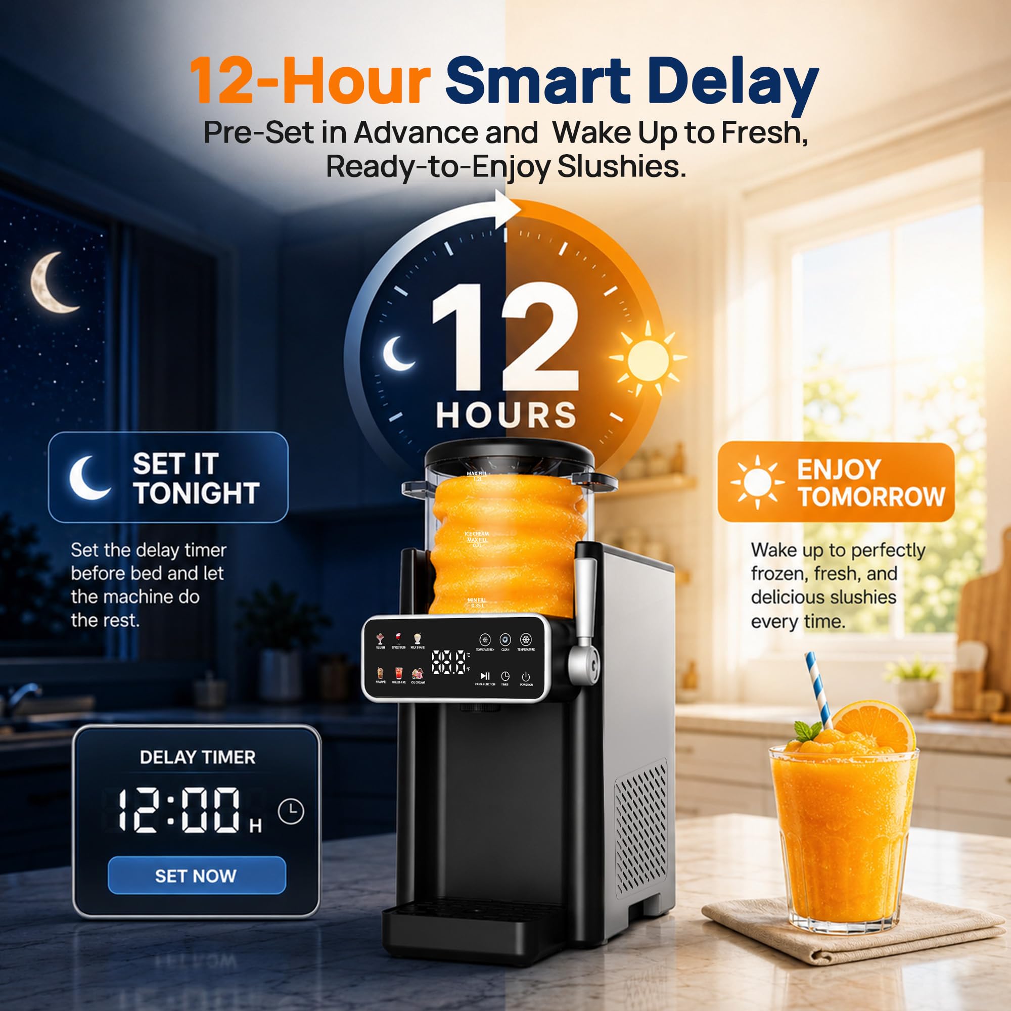 Slush Maschine, Slushie maschine mit 12-Stunden-Vorwahltimer für Heimgebrauch Slush, Frappé, Milchshake & Margaritas, kein Eis Erforderlich,1 Pack, 6 Voreinstellungen