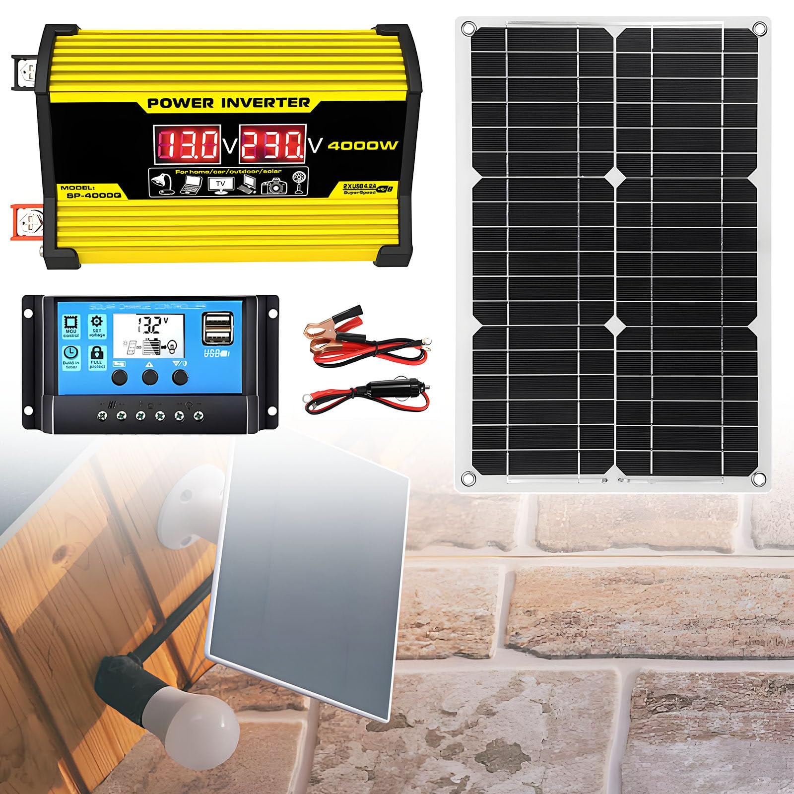 Kit Pannello Solare 400W, Inverter Fotovoltaico da 12V a 110V/220V + Pannello Solare da 18W + Regolatore di Carica Solare da 30A, per Casa, Camper, Camion Yellow-220V