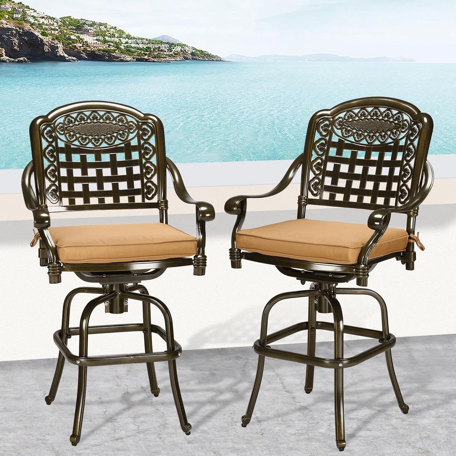 MEETWARM 2 Piece Outdoor Patio Swivel Bar Stools, All-Weather Cast Aluminum Bar Height Bistro Chairs with Cushions, Outdoor Furniture Bar Dining Chair Set for Garden Deck Backyard, Dark Bronze