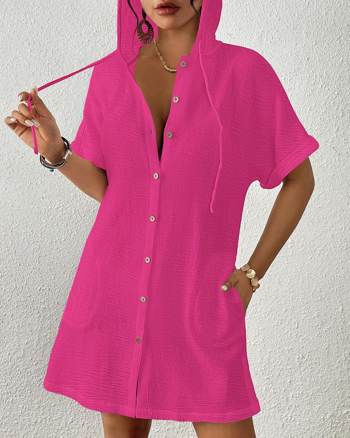 Bsubseach Womens Swimsuit Cover Up Shirt Button Down Short Sleeve Bathingsuit Coverups Hooded Beach Coverup With Pockets