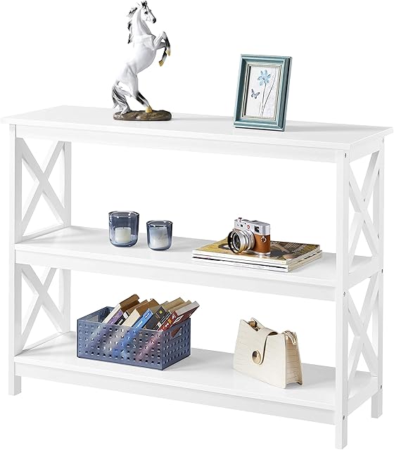 Yaheetech Console Table, 3-Tier Entryway Table, Wooden Sofa Table with Storage Shelves for Entryway Hallway Living Room Bedroom, X-Design, White, 106x35x80cm