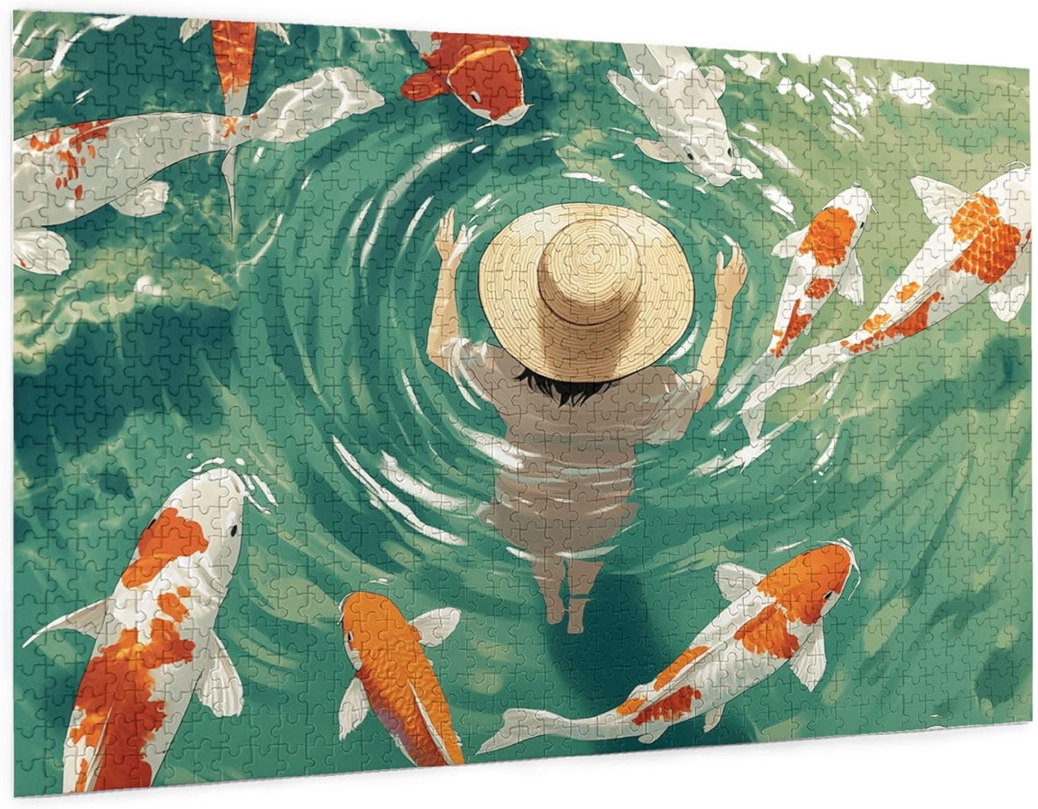 1000 Piece Wooden Puzzle for Adults – Girl with Koi Fish in Tranquil Pond – Serene Water Scene Jigsaw for Mindful Moments