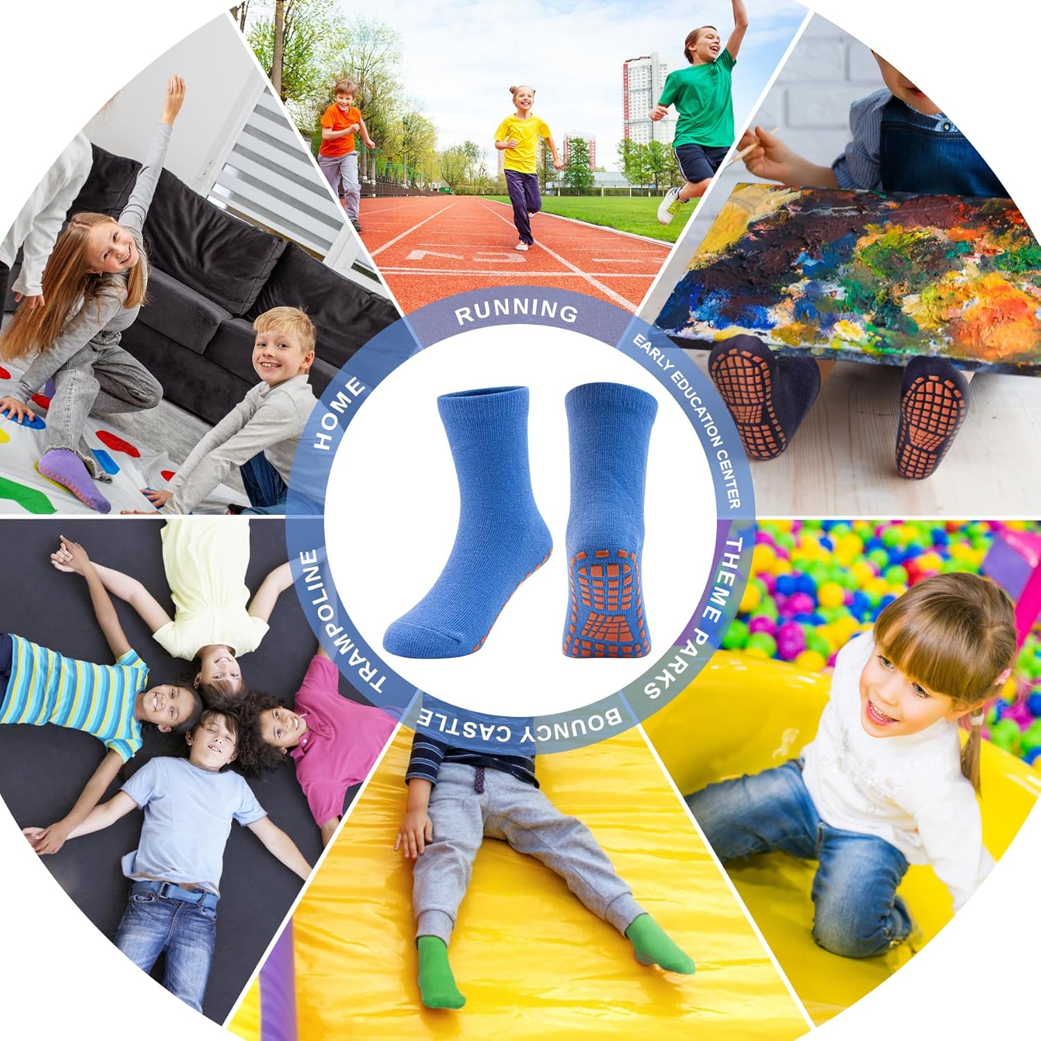 SkiBeaut 6 Pairs Kid Grips Socks Youth Non Slip Child Grippers Socks Young Boys Girls Teen Team Athletic Socks for Age 2-13