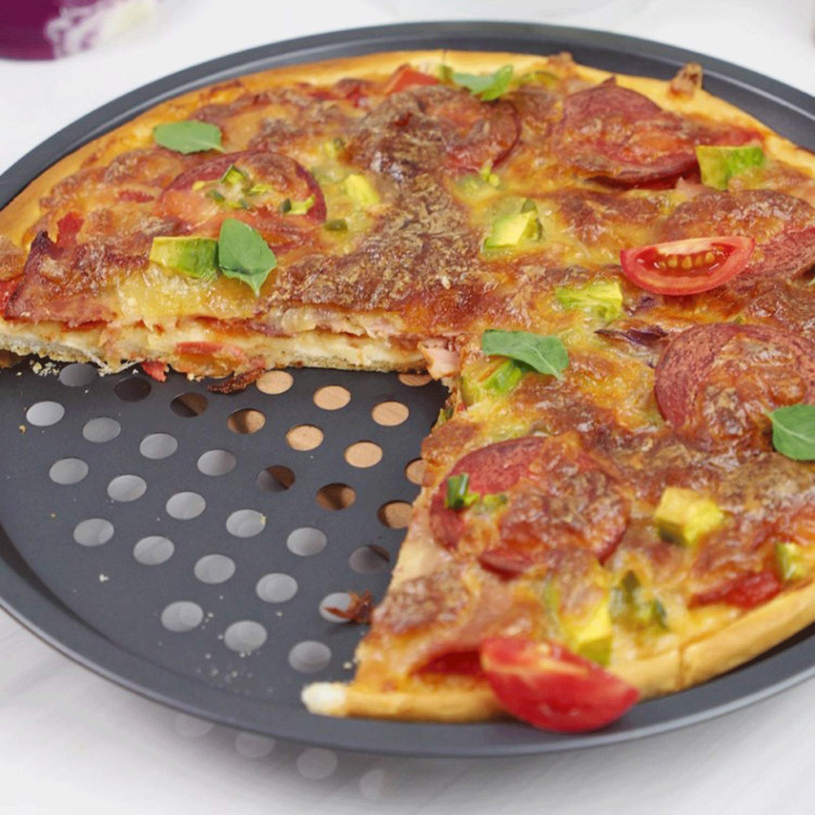 Teglia da forno a microonde, in acciaio al carbonio antiaderente, per pizza croccante, carne, pesce, pollo, forma rotonda, resistente alle alte temperature (C