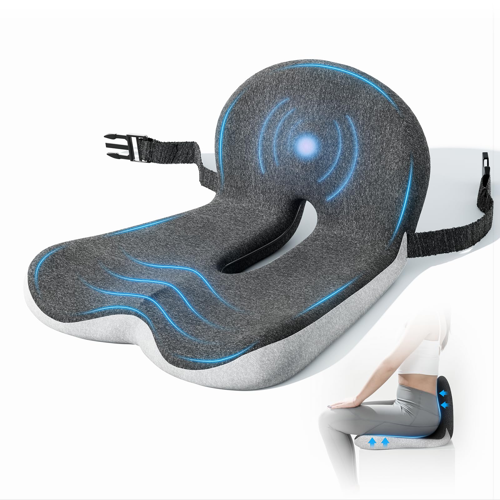jpinlr Seat Cushion, Memory Foam Truck Driver & Office Chair Cushion | High-Density Slow-Rebound Foam, Breathable Fabric, Non-Slip Base with Straps, for Long Sitting, Driving and Desk Work