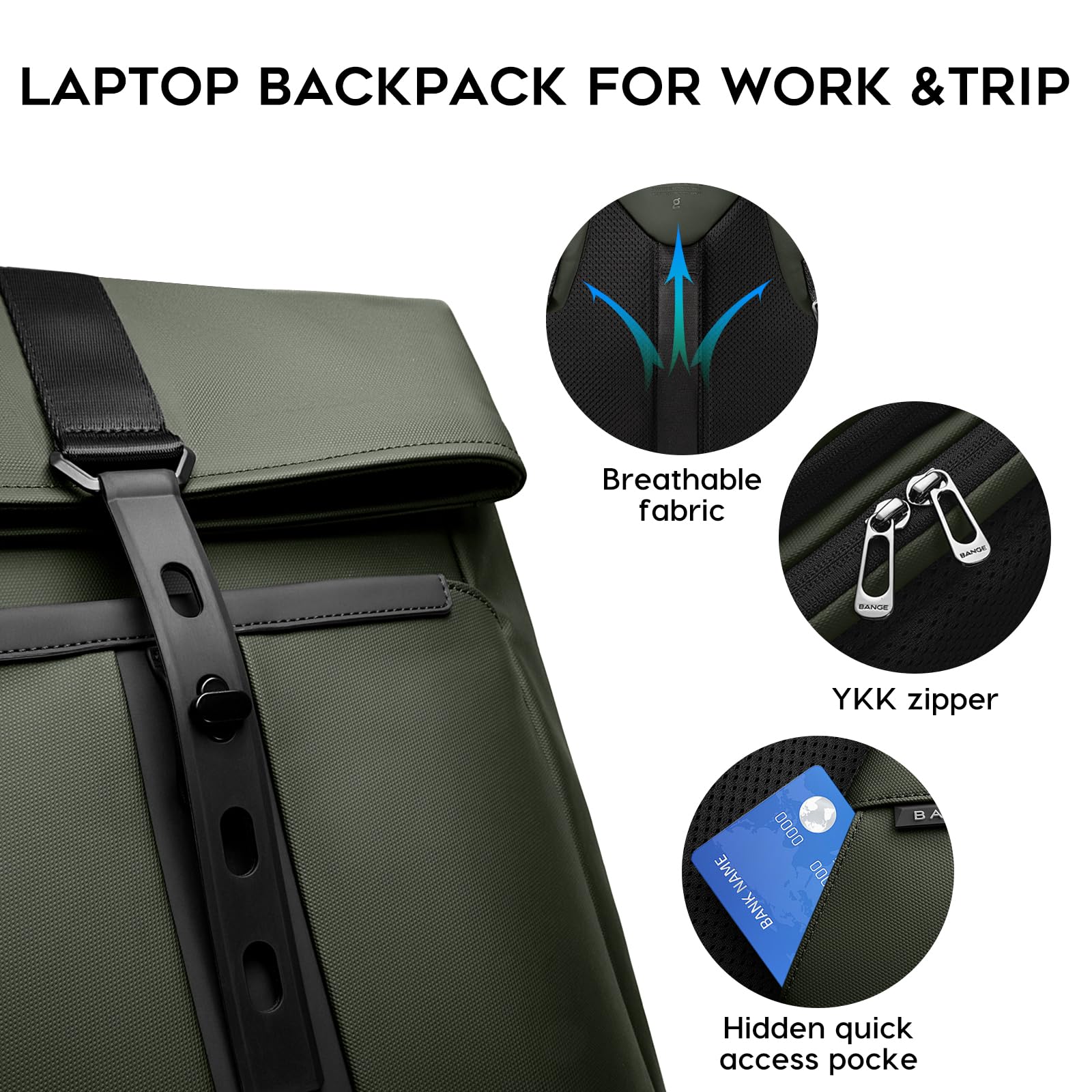 BANGE Zaino arrotolabile grande da lavoro per laptop da 15,6 pollici, impermeabile, antifurto, viaggi, escursionismo, campeggio, università, scuola, moda quotidiana per uomini e donne