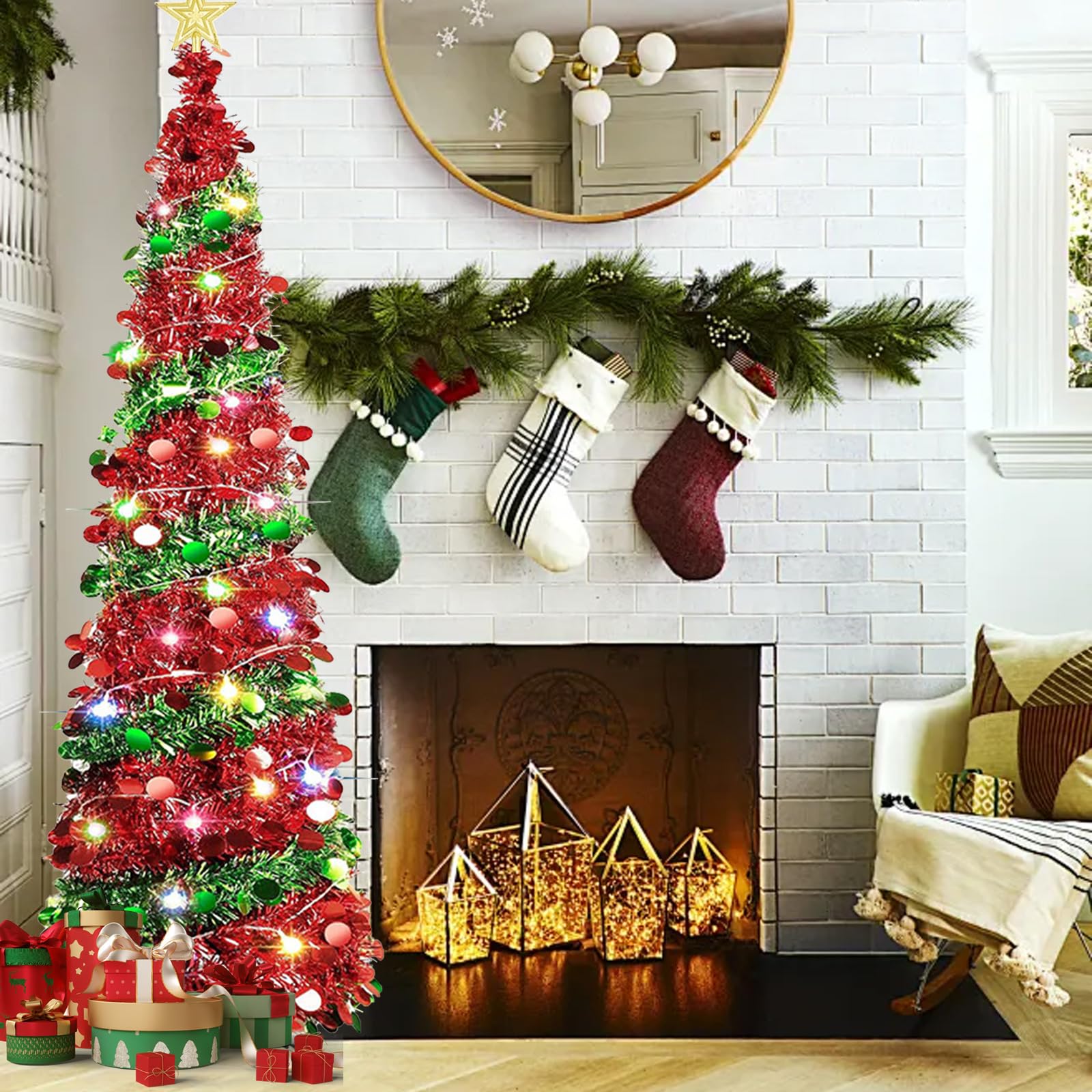 Árbol de Navidad con Luces, 152 cm Arbol de Navidad Plegable Arvore de Natal con Luz Arbols de Navidads Artificial con Soporte, Estrella Superior y 5 m de Luces de Hadas, Decoración Navideña (02)