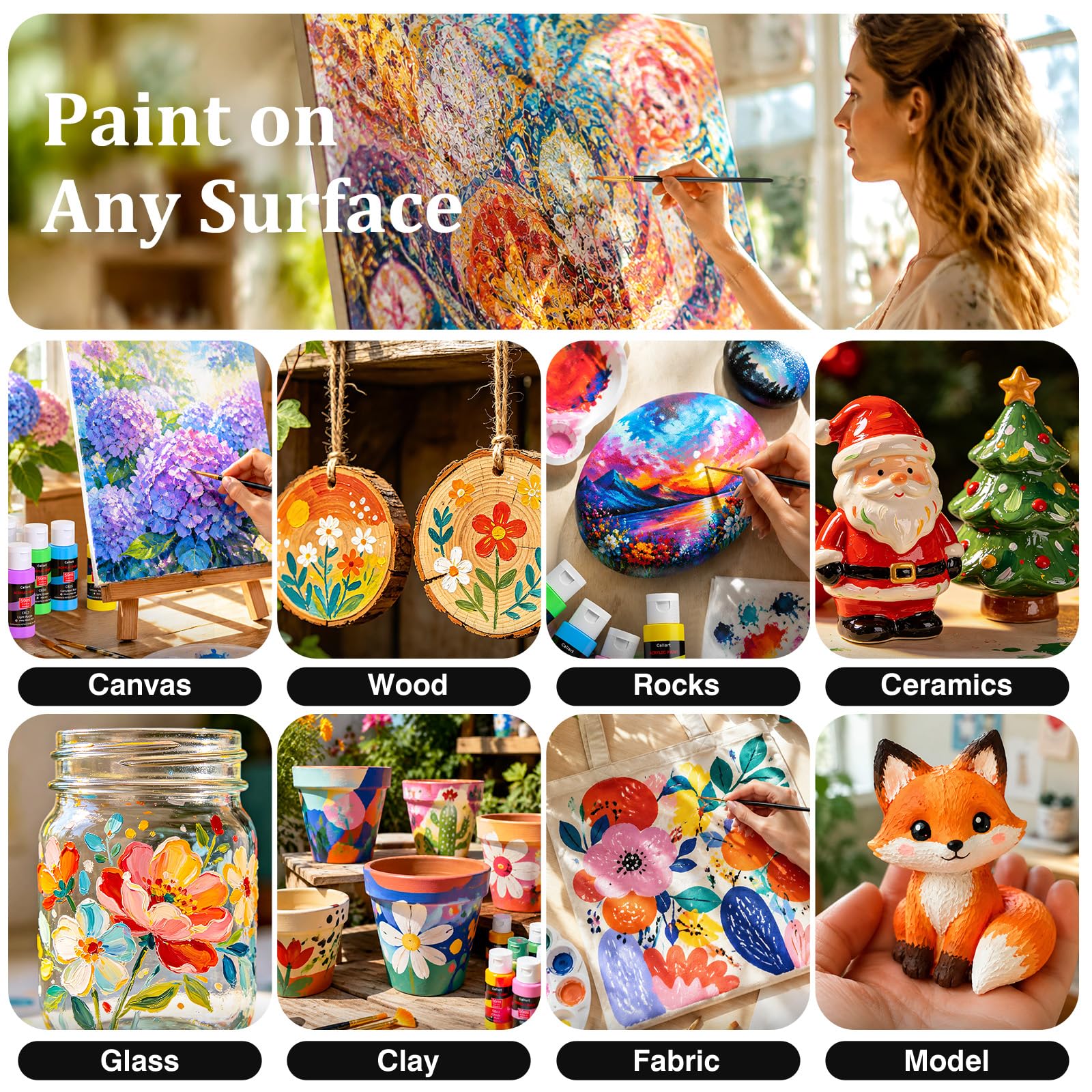 Caliart Acrylfarben-Set mit 12 Pinseln, 36 Farben (59 ml), Kunsthandwerk Farben, Geschenke für Künstler, Kinder, Anfänger und Maler, Halloween-Kürbis-Leinwand, Keramik, Steinmalerei-Set, Kunstbedarf