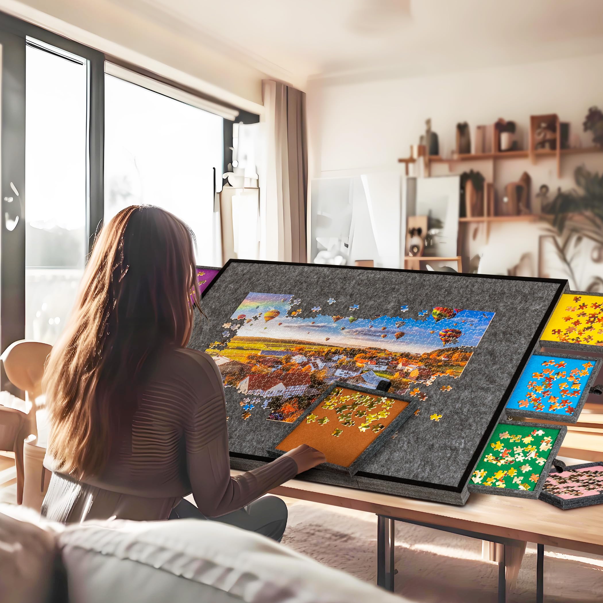 Becko US Tavola puzzle pieghevole e inclinabile da 2000 pezzi, con 6 cassetti e copertura, tavolo puzzle leggero e portatile con supporto integrato per la regolazione dell'angolo, per puzzle da 2000,