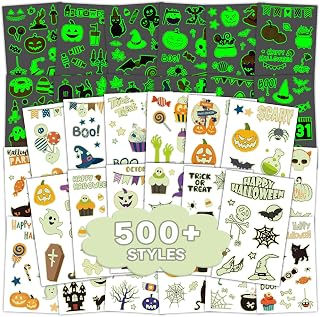 EMOME 500+ Styles Glow Halloween Tattoos for Kids Bulk, Cute Kids Temporary Tattoos Stickers, Halloween Treats Party Supplies Favors Decorations for Boys Girls (56 Sheets)