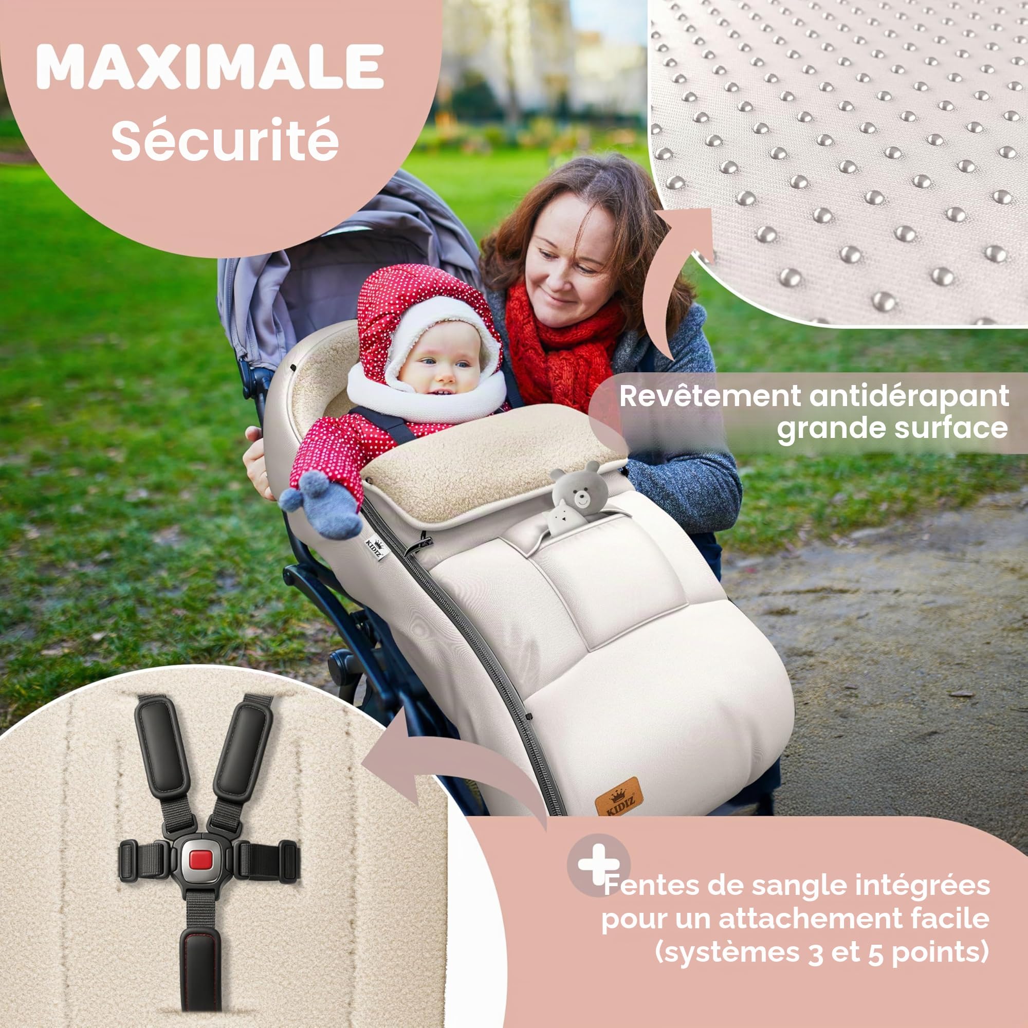 KIDIZ® Chancelière pour Bébé Chancelière d'hiver avec Fermeture à Glissière Couverture pour Bébé Poussette Lavable Tête Fermable, Poche, Adaptable à Toutes les Poussettes - Beige