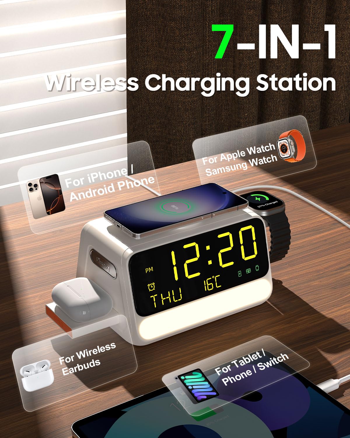 Stazione di ricarica wireless 7-in-1 con sveglia, luce notturna a controllo vocale, temperatura e data, 33W, supporto di ricarica rapida compatibile con telefoni iPhone Samsung, Apple/Samsung Watch
