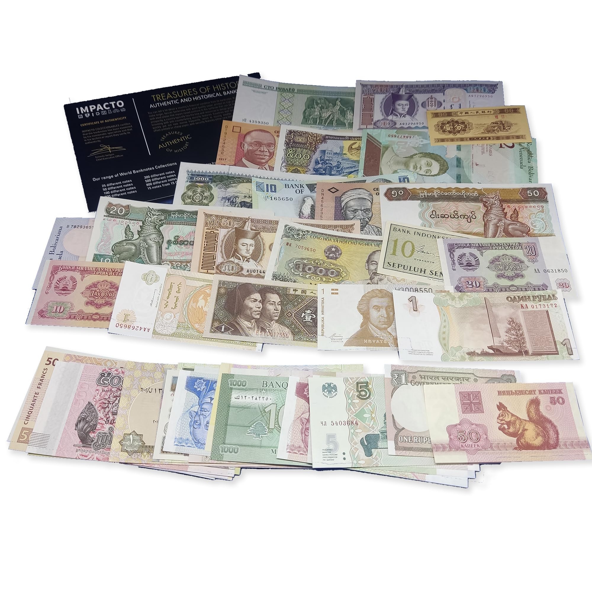 IMPACTO COLECCIONABLES | Collezione di 50 Banconote Autentiche del Mondo – Senza Duplicati, Fuori Corso e provenienti da Diversi Paesi | Ideale per Collezionisti, Include Certificato di Autenticità