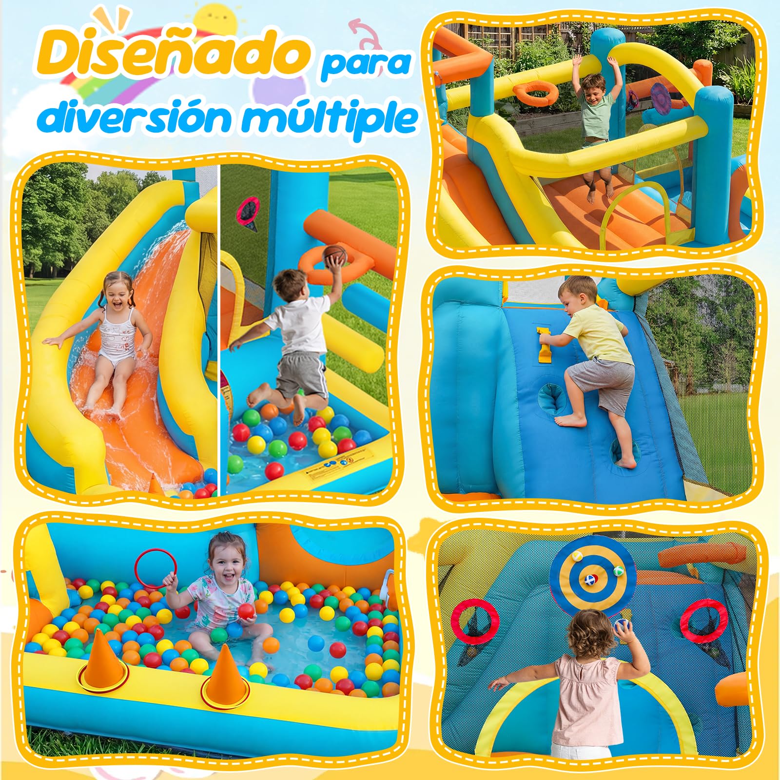 Castillo Hinchable con Tobogán Acuático, Soplador Incluido, Piscina de Bolas, Zona de Saltos y Rocódromo, para Uso Interior y Exterior, Ideal para Parques y Fiestas Familiares