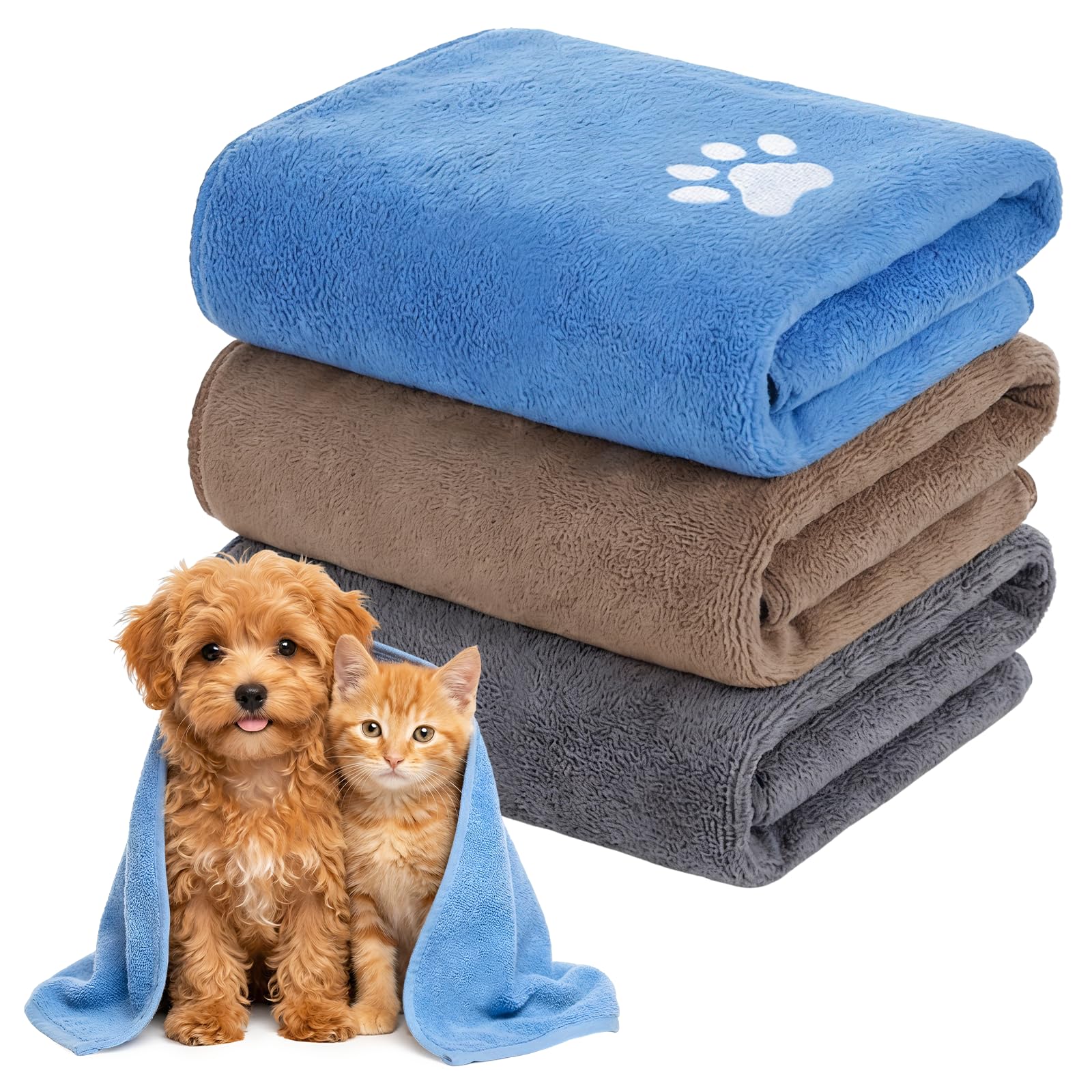 Kyndara 3Pcs Super Absorbent Dog Towels for Dogs, 50 * 100cm Microfiber Dog Drying Towels Paw Print Ultra Soft Quick Dry Pet Towel for Puppies Dogs Bath Rain Travel Indoor Outdoor