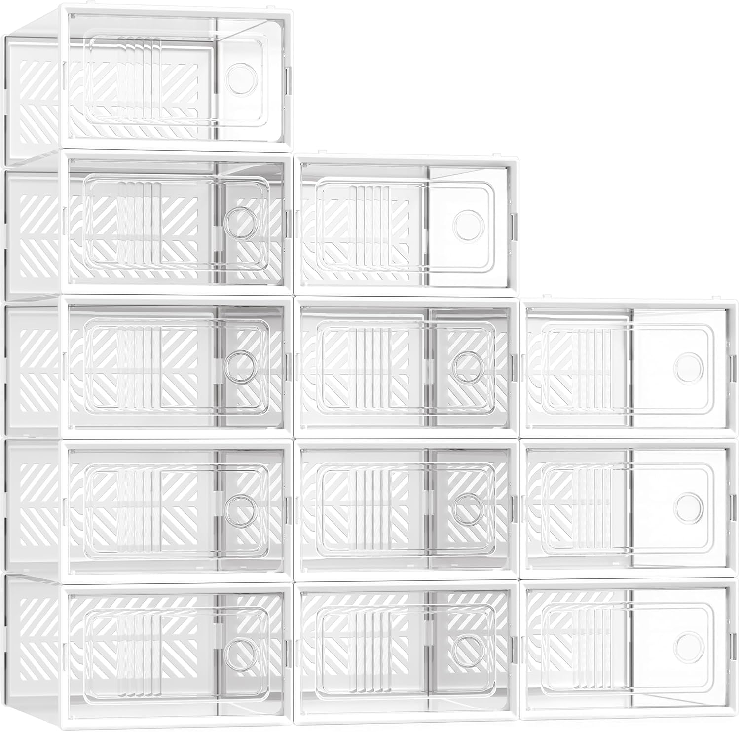 SONGMICS Stackable Shoe Boxes, Foldable Shoe Storage Organizers, Ventilated, for Max. Men's Shoes US Size 9 or Women's Shoes US Size 11, Sneakers, Set of 12, Transparent and White ULSP106W12V2