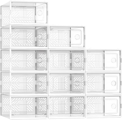 SONGMICS Stackable Shoe Boxes, Foldable Shoe Storage Organizers, Ventilated, for Max. Men's Shoes US Size 9 or Women's Shoes US Size 11, Sneakers, Set of 12, Transparent and White ULSP106W12V2