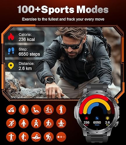 Miniatura 6 de Military Smart Watches for Men-50 Days BatteryFlashlight3 Straps,1.75'' IPS HD Display Fitness Watch,IP68 Waterproof Fitness Tracker with Heart