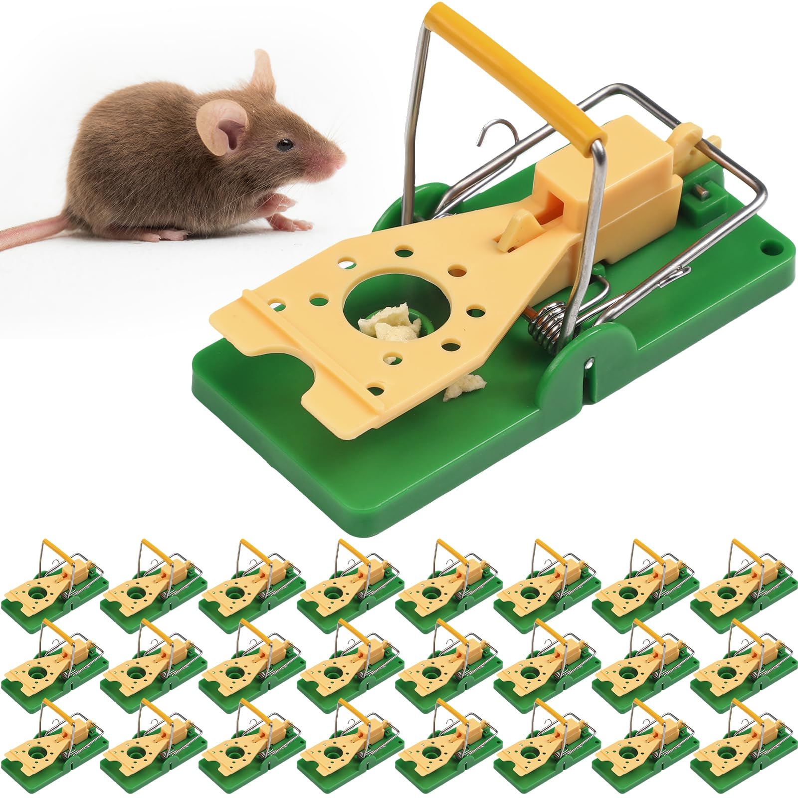 Qualirey 24 trappole per topi in plastica verde, trappole per topi, con bordo color formaggio giallo, sensibili e efficaci, sicure e riutilizzabili, per casa, garage, esterni